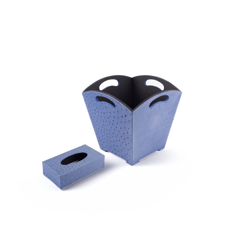 Kurgan Kenani Leather. A Set of Blue Dotted Leather Tissue Box & Wastebasket
