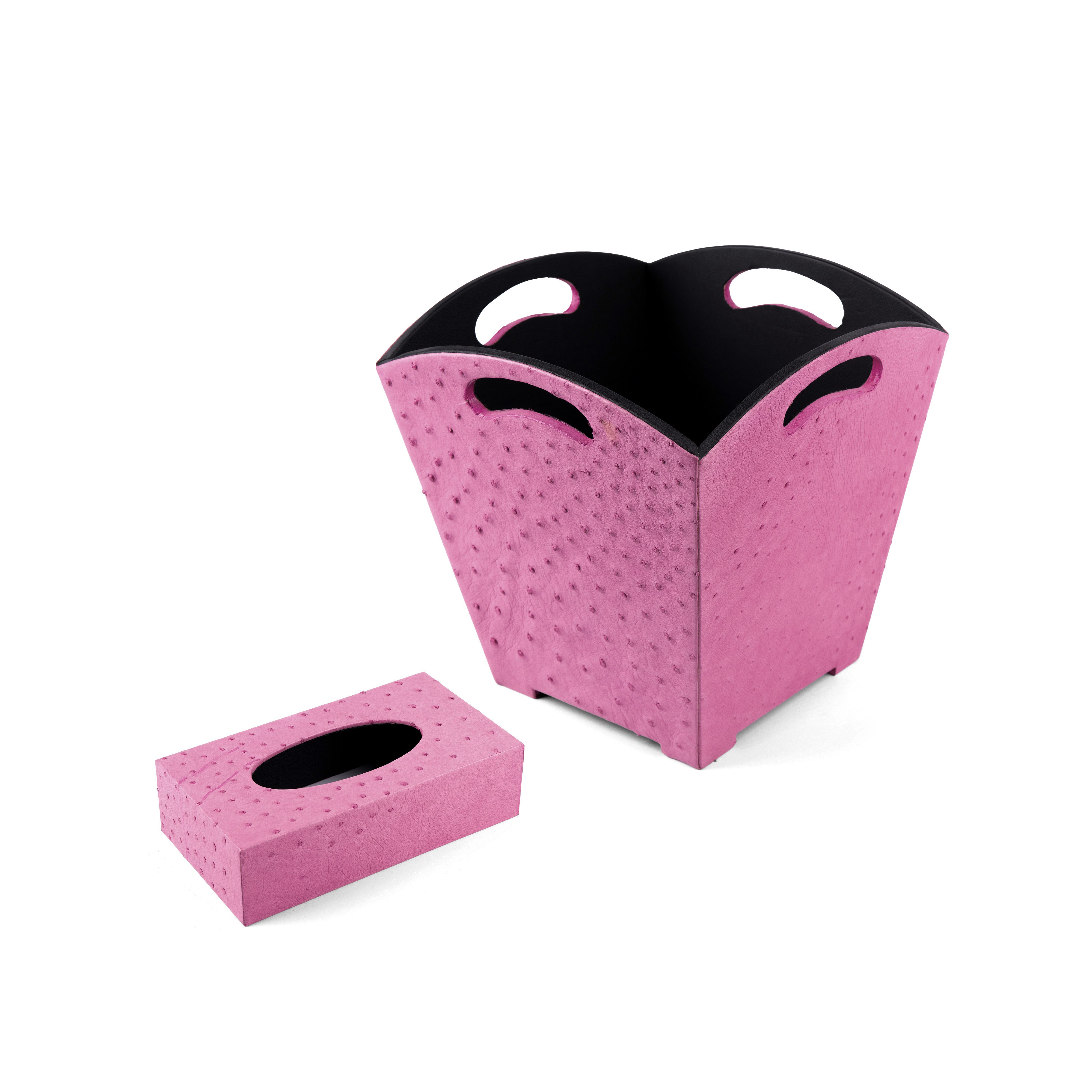 Kurgan Kenani Leather. A Set of Pink Leather and Wood Tissue Box & Wastebasket.