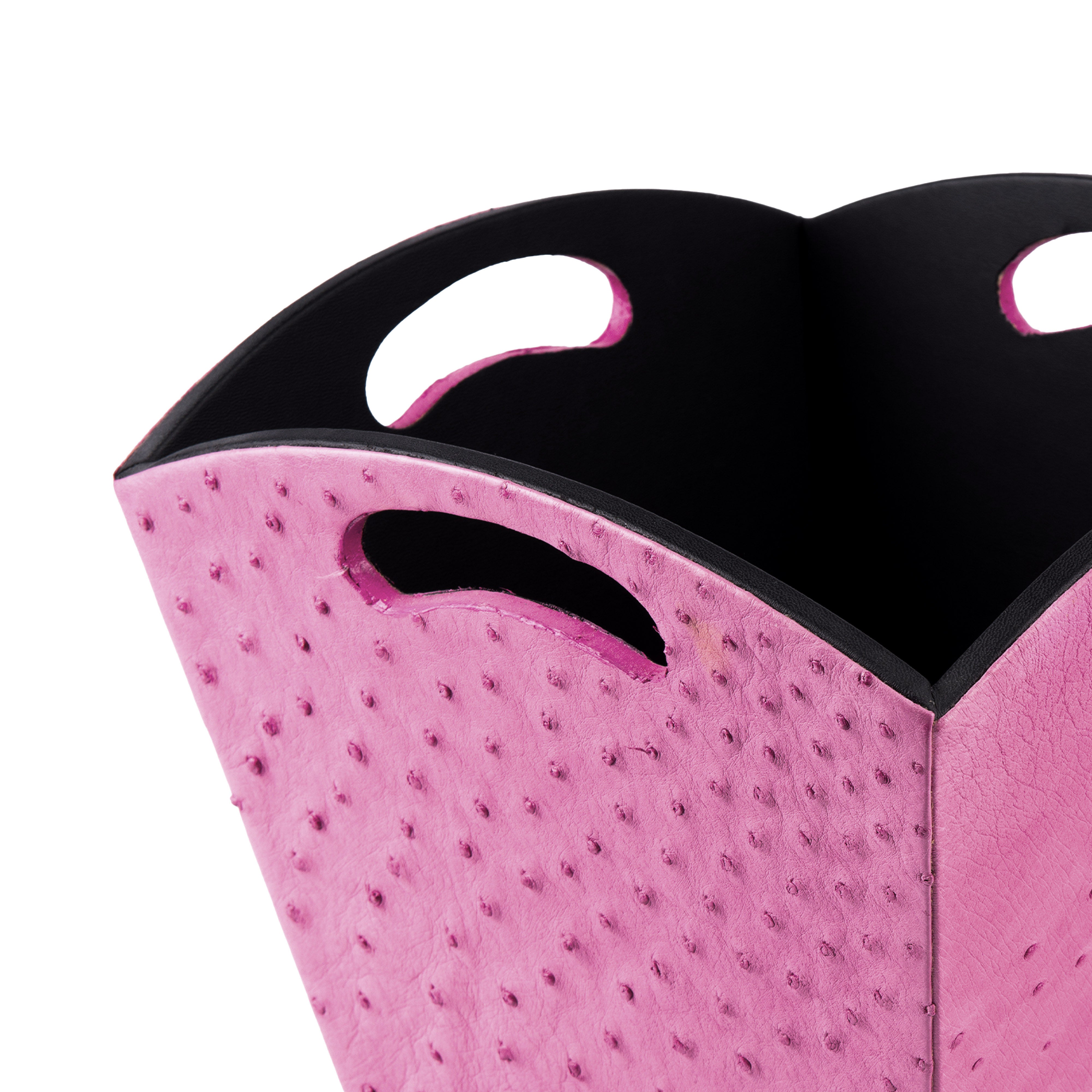 Kurgan Kenani Leather. A Set of Pink Leather and Wood Tissue Box & Wastebasket.