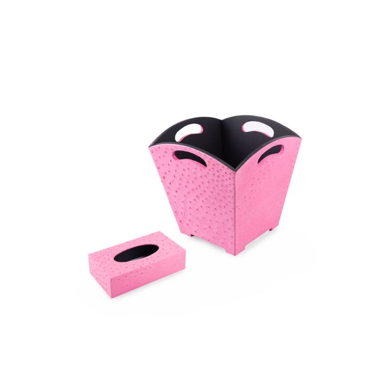 Kurgan Kenani Leather. A Set of Pink Leather and Wood Tissue Box & Wastebasket.