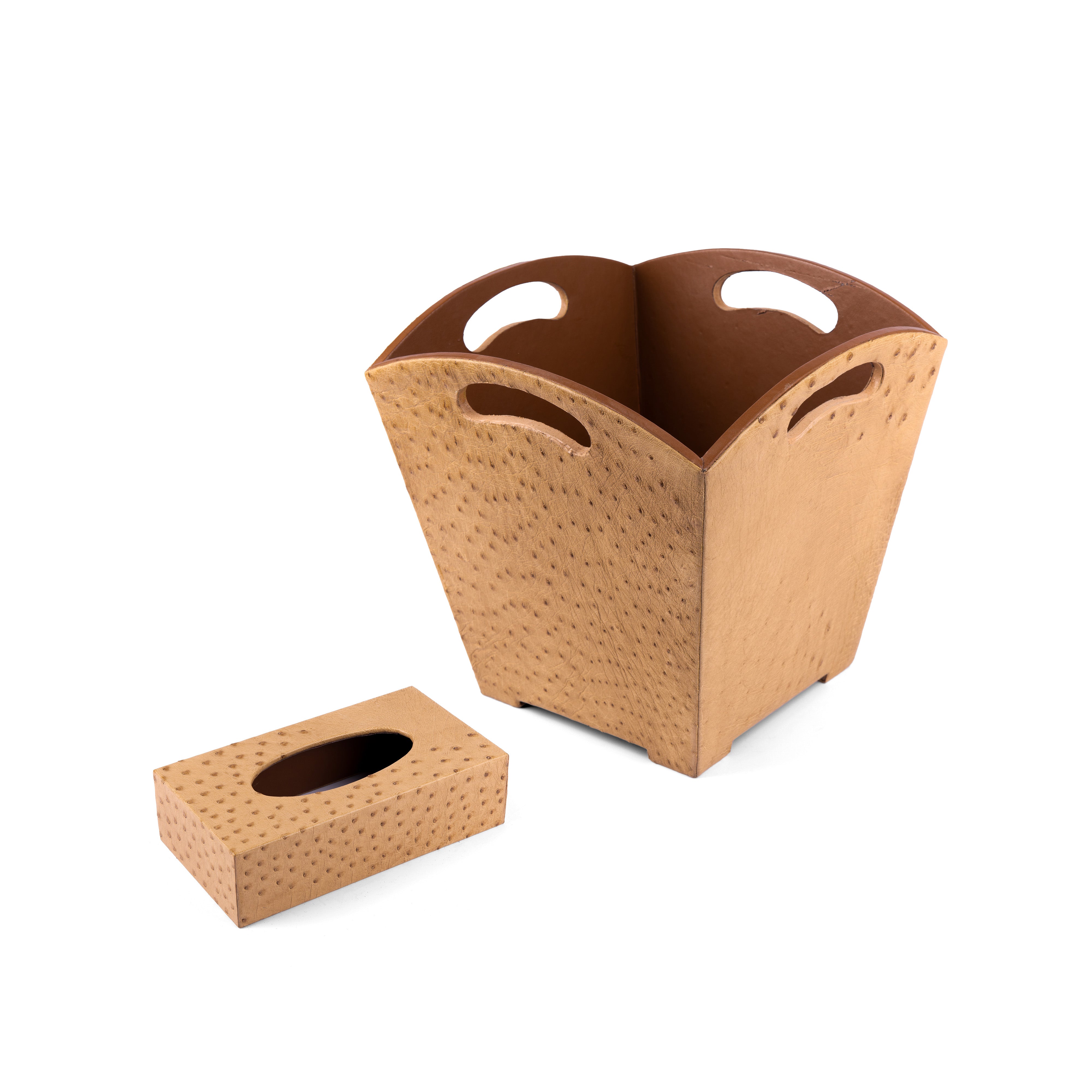 Kurgan Kenani Leather. A Set of Camel Brown Dotted Leather Tissue Box & Wastebasket