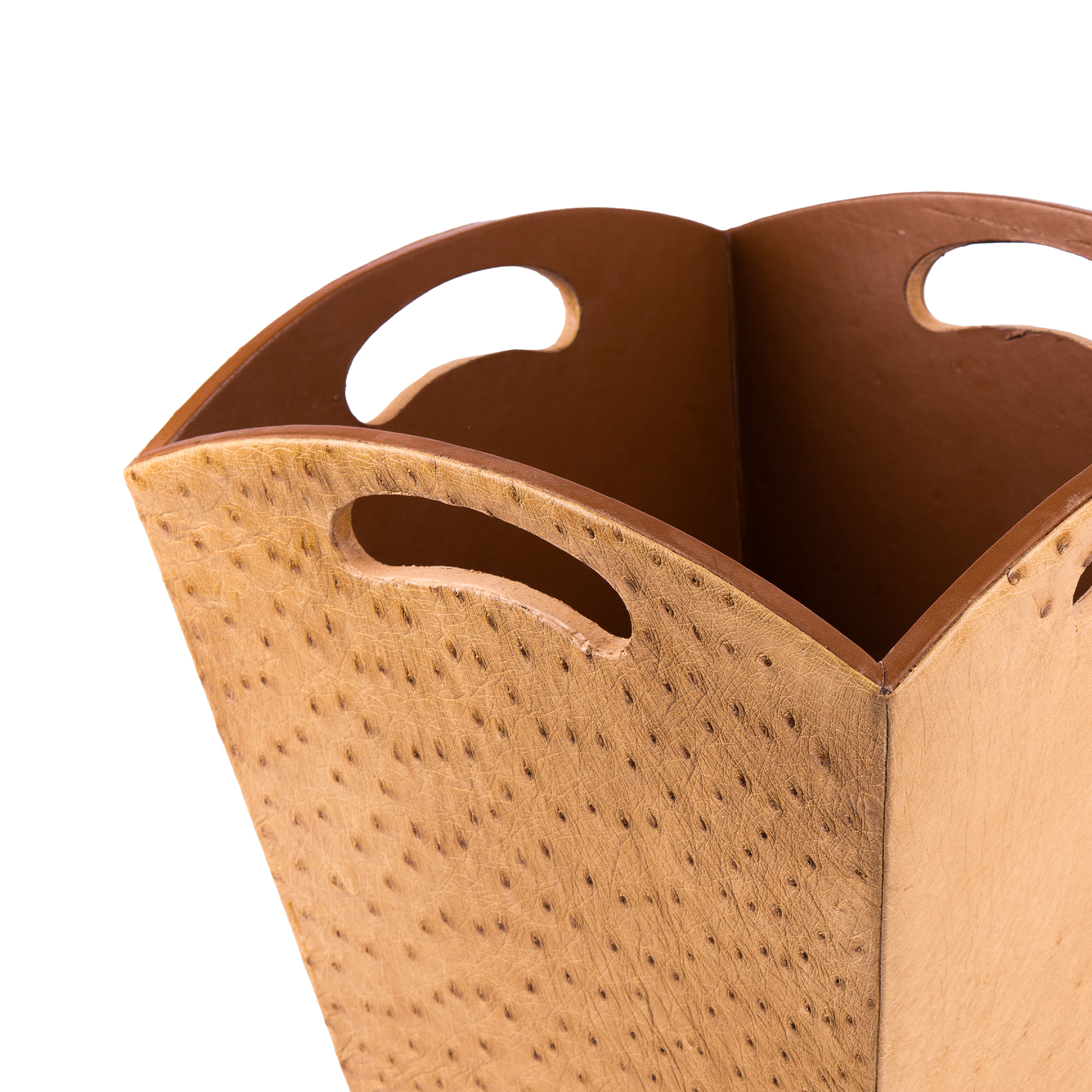 Kurgan Kenani Leather. A Set of Camel Brown Dotted Leather Tissue Box & Wastebasket