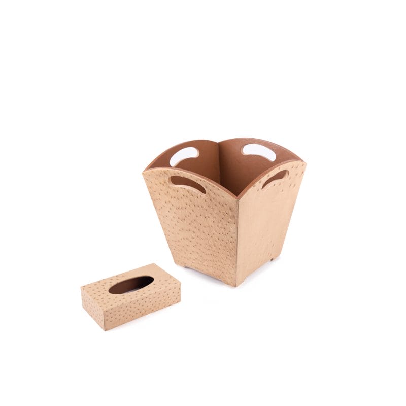 Kurgan Kenani Leather. A Set of Camel Brown Dotted Leather Tissue Box & Wastebasket