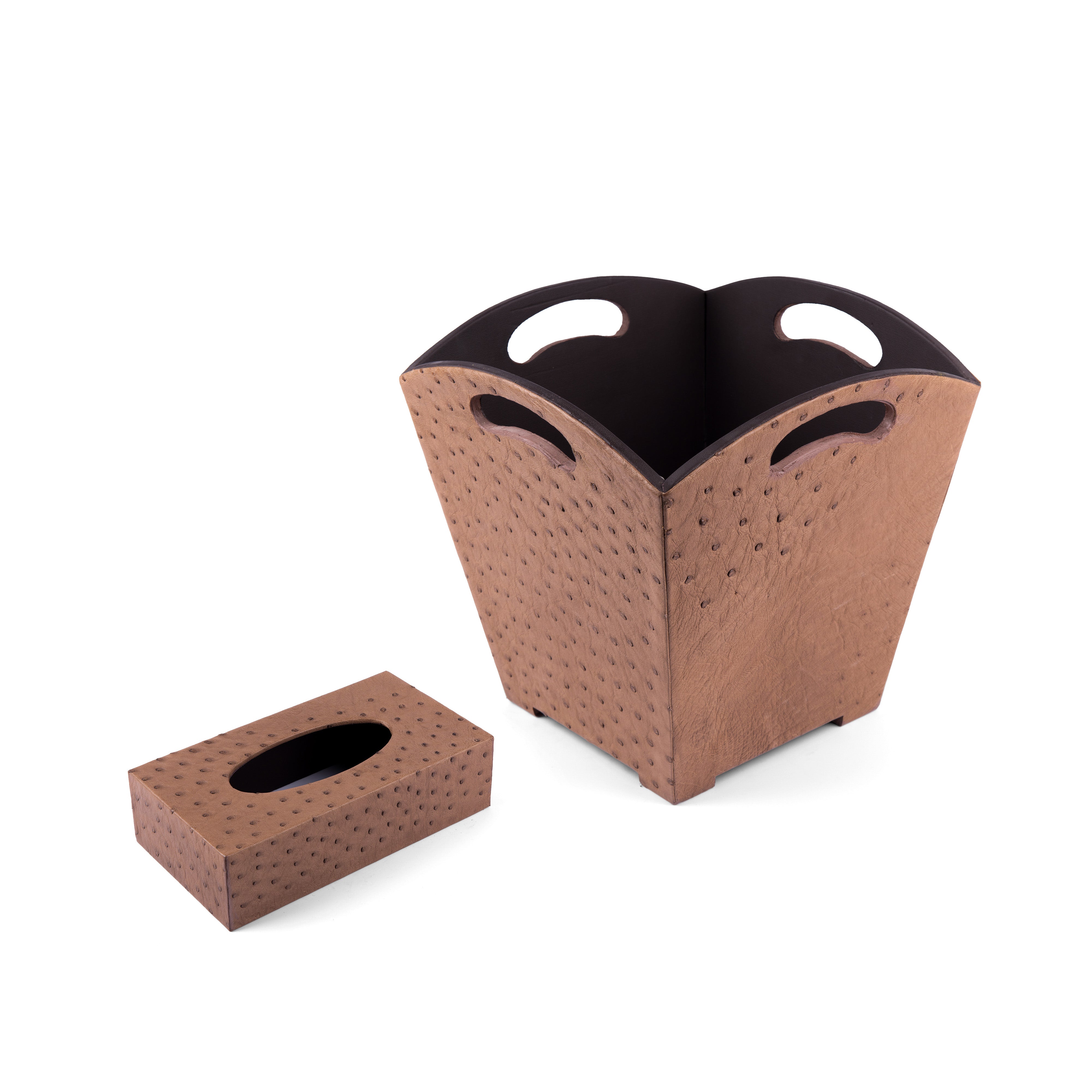 Kurgan Kenani Leather. A Set of Cappuccino Brown Dotted Leather Tissue Box & Wastebasket