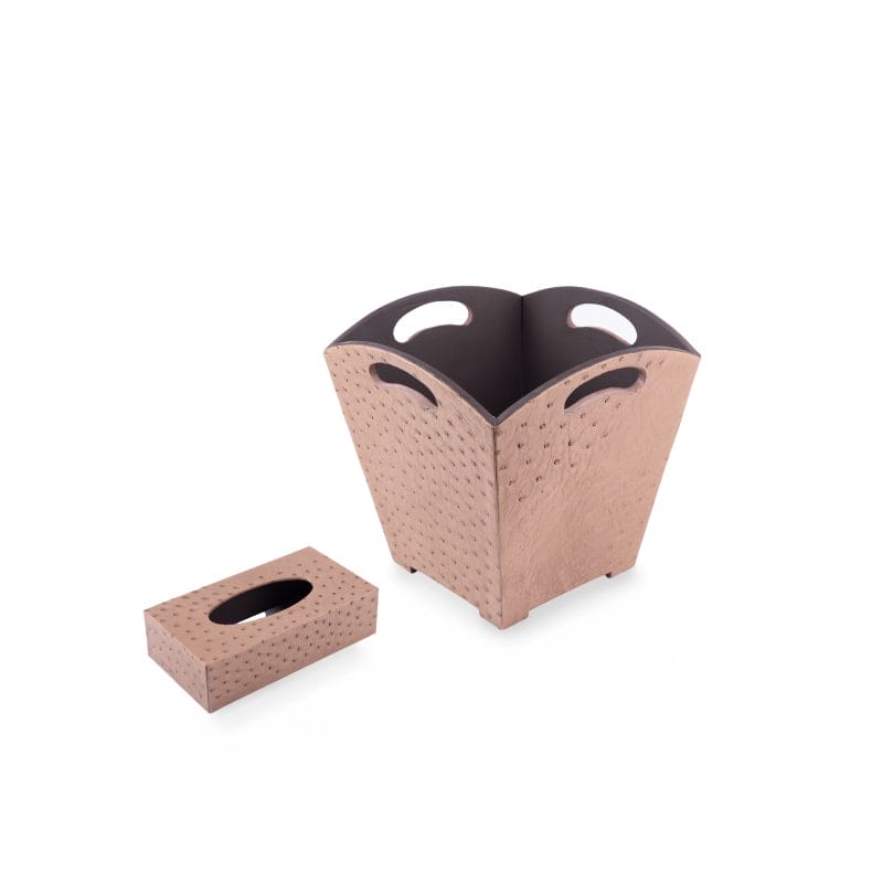 Kurgan Kenani Leather. A Set of Cappuccino Brown Dotted Leather Tissue Box & Wastebasket