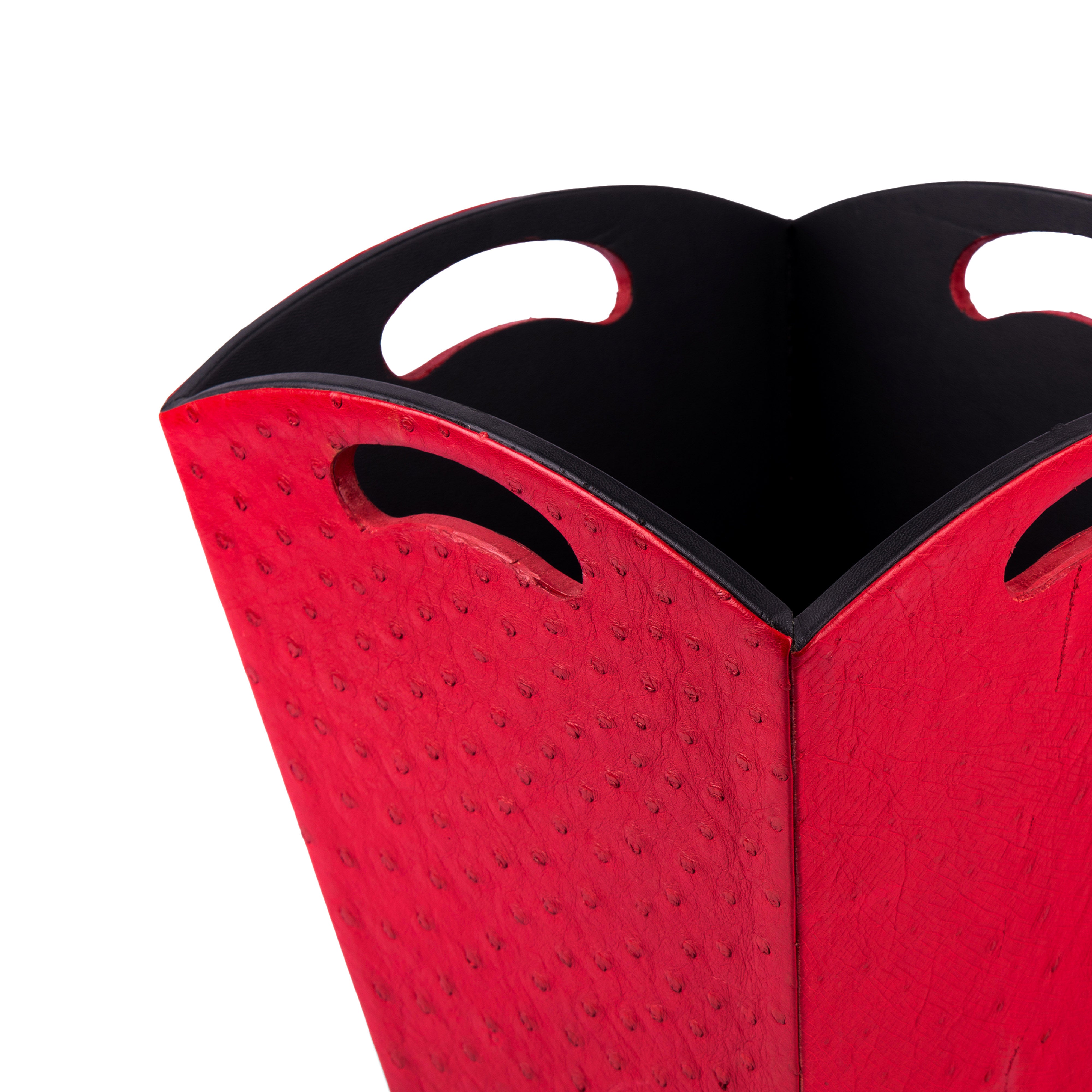 Kurgan Kenani Leather. A Set of Red Leather and Wood Tissue Box & Wastebasket.