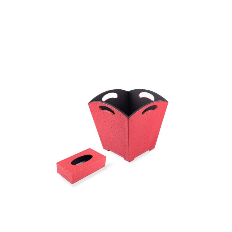 طقم من سلة مهملات وصندوق مناديل ورقية مصنوع من الجلد باللون الأحمر بنمط مُنقط من كورغان كيناني ليذر