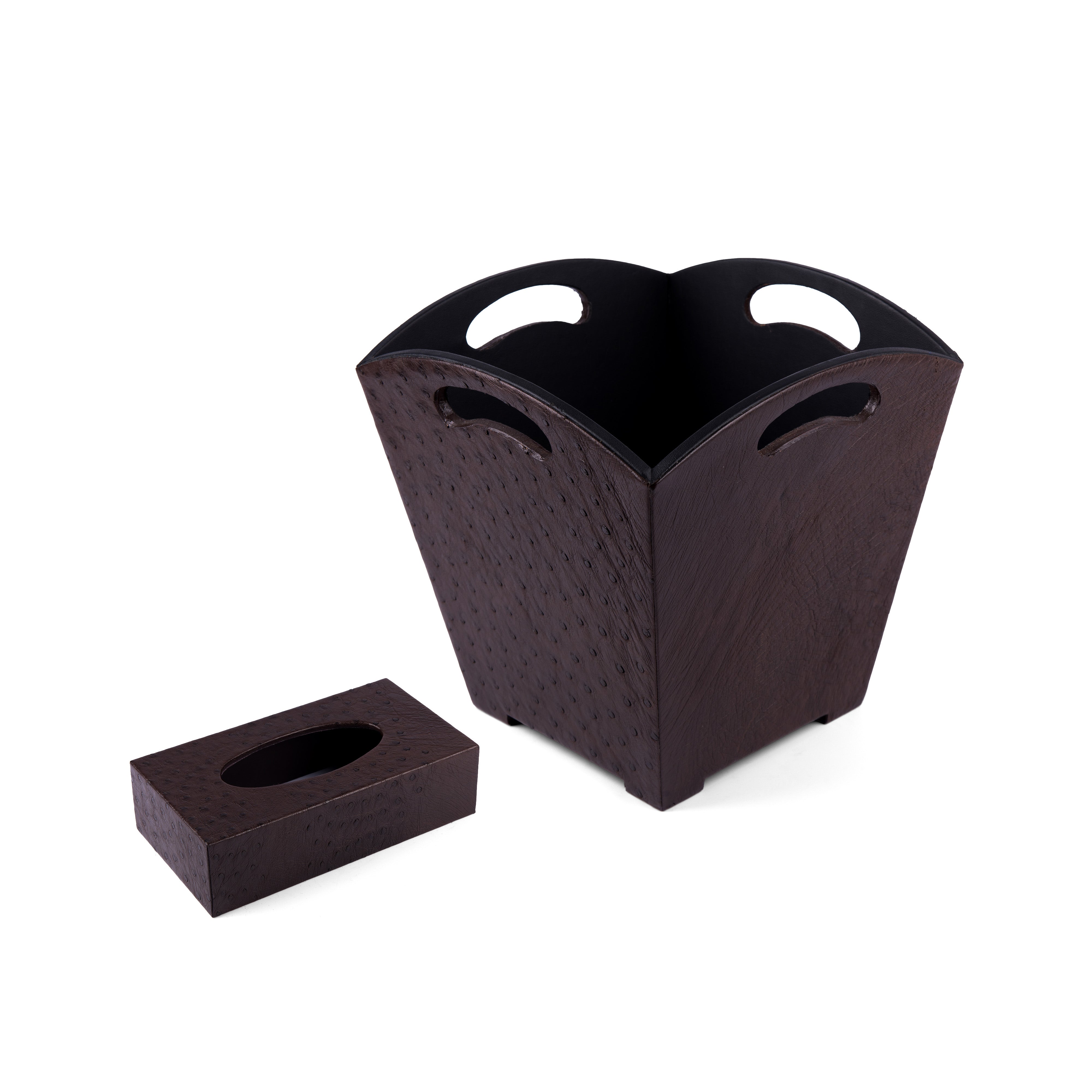 Kurgan Kenani Leather. A Set of Dark Brown Dotted Leather Tissue Box & Wastebasket