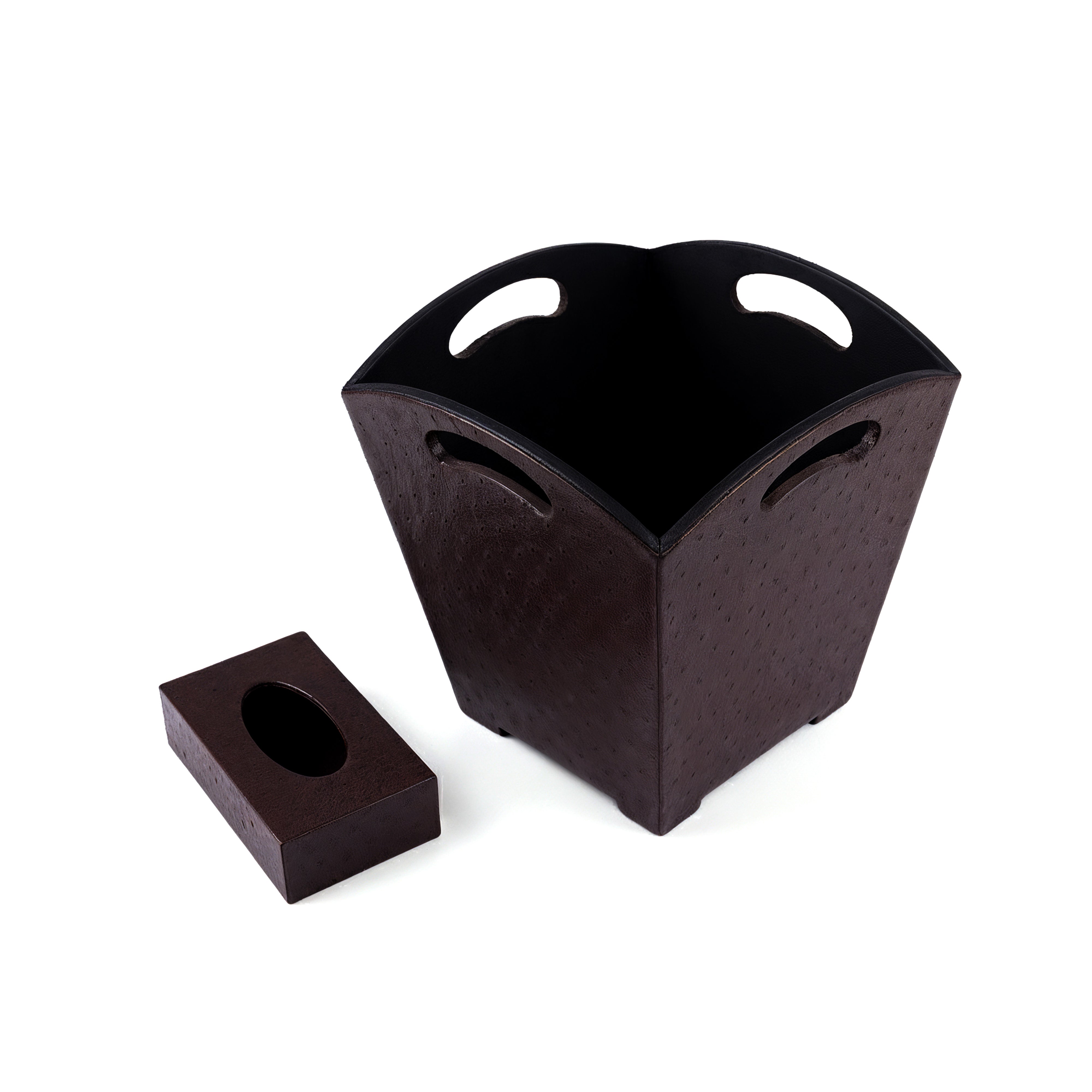 Kurgan Kenani Leather. A Set of Dark Brown Dotted Leather Tissue Box & Wastebasket