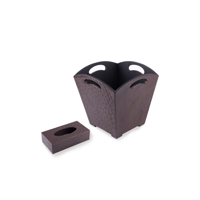 Kurgan Kenani Leather. A Set of Dark Brown Dotted Leather Tissue Box & Wastebasket