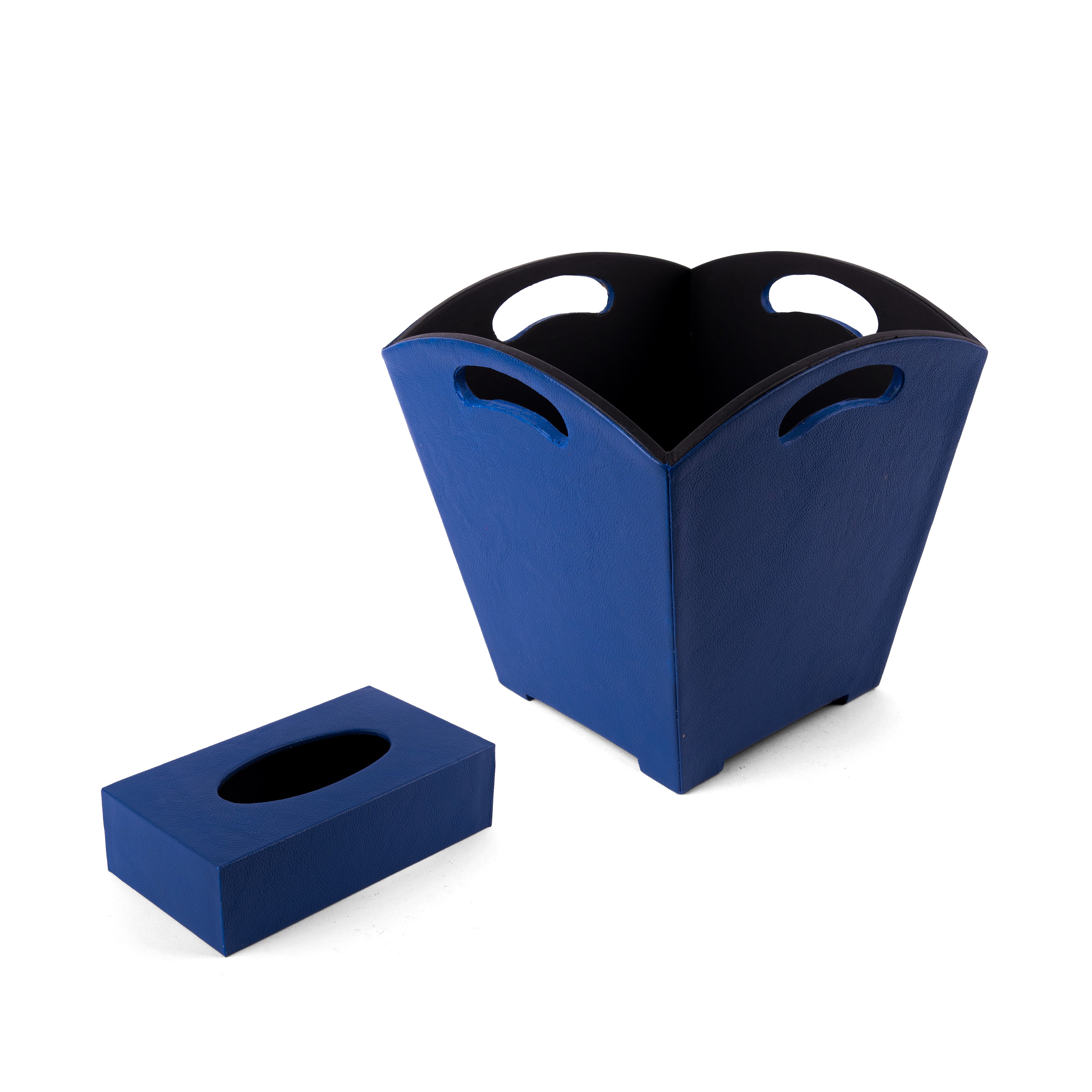 Kurgan Kenani Leather. A Set of Blue Leather Tissue Box & Waste Basket