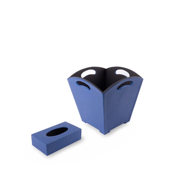 طقم من سلة مهملات وصندوق مناديل ورقية مصنوع من الجلد باللون الأزرق من كورغان كيناني ليذر