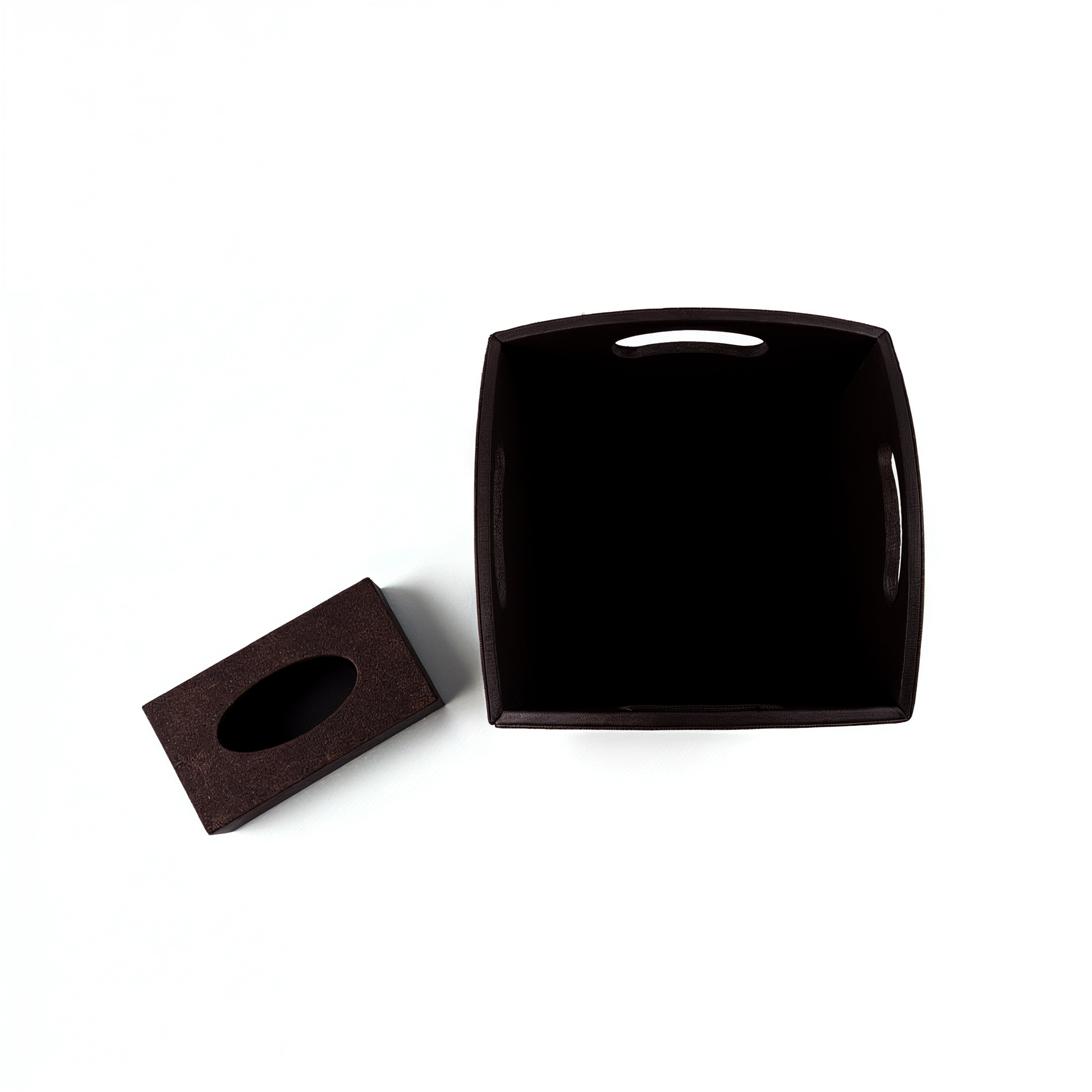 Kurgan Kenani Leather. A Set of Brown Leather and Wood Tissue Box & Waste Basket.
