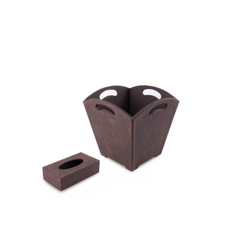 Kurgan Kenani Leather. A Set of Brown Leather and Wood Tissue Box & Waste Basket.