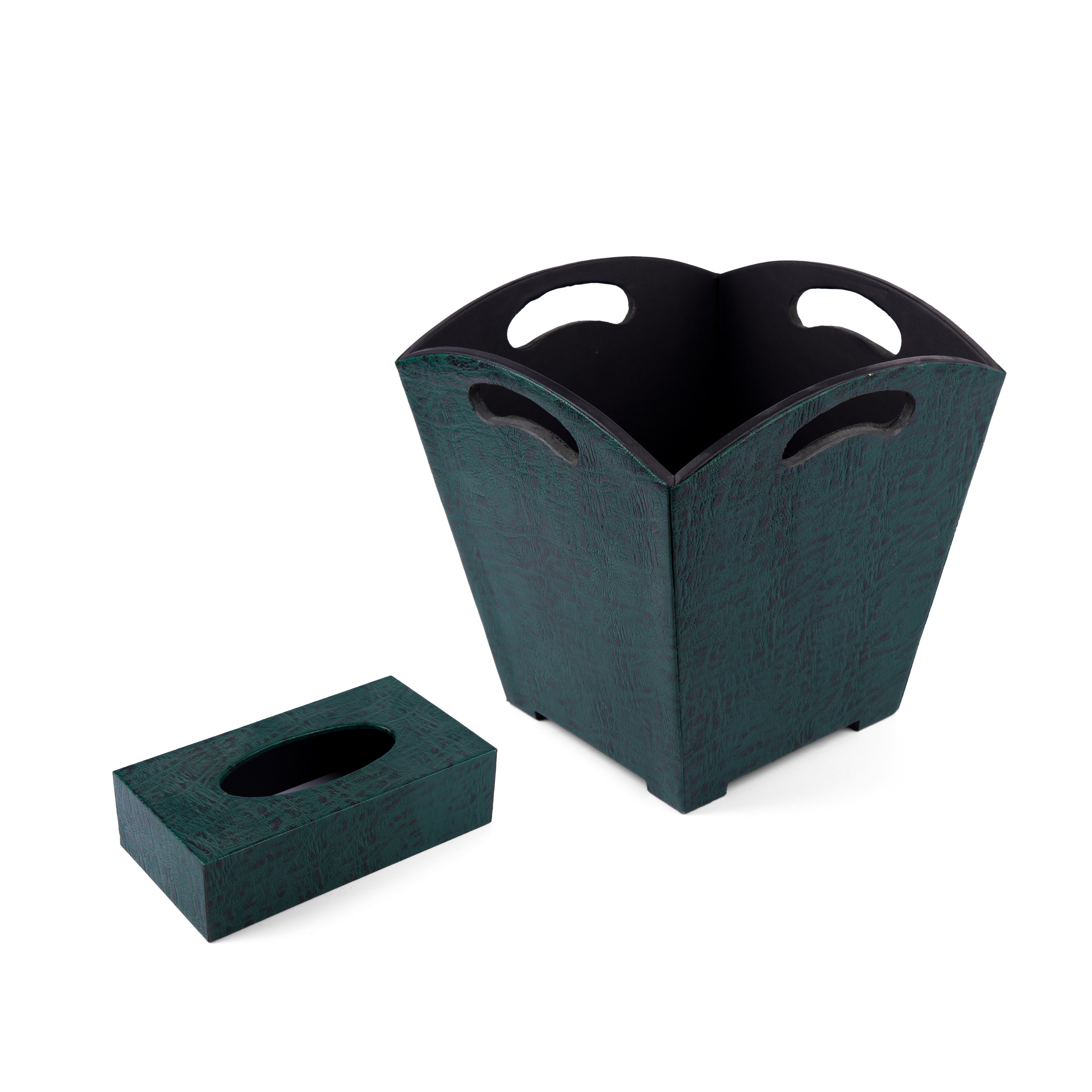 Kurgan Kenani Leather. A Set of Dark Green Leather and Wood Tissue Box & Waste Basket.