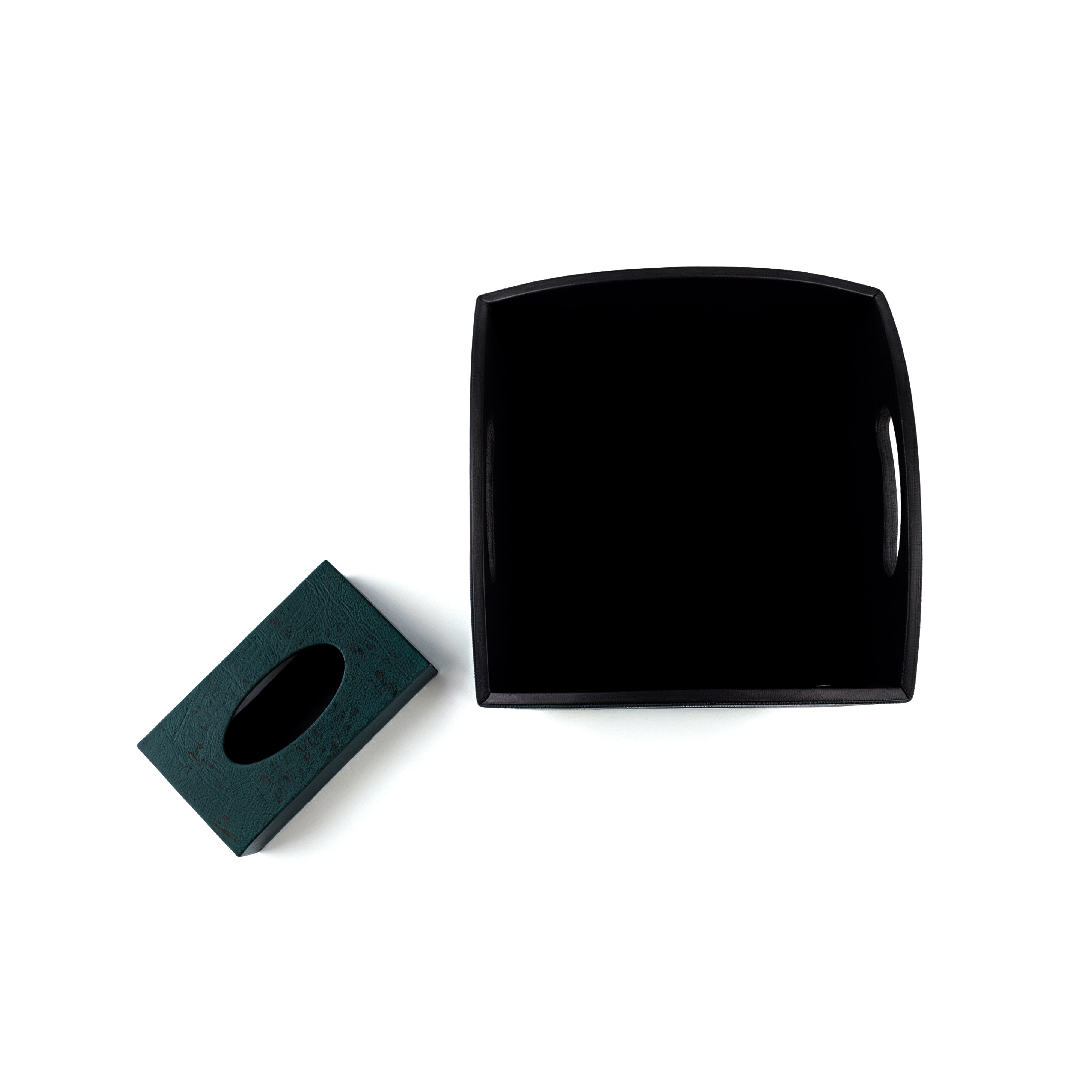 Kurgan Kenani Leather. A Set of Dark Green Leather and Wood Tissue Box & Waste Basket.