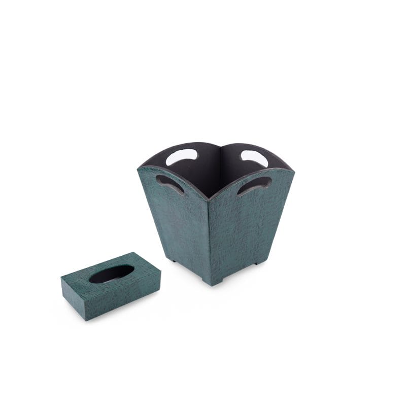 Kurgan Kenani Leather. A Set of Dark Green Leather and Wood Tissue Box & Waste Basket.