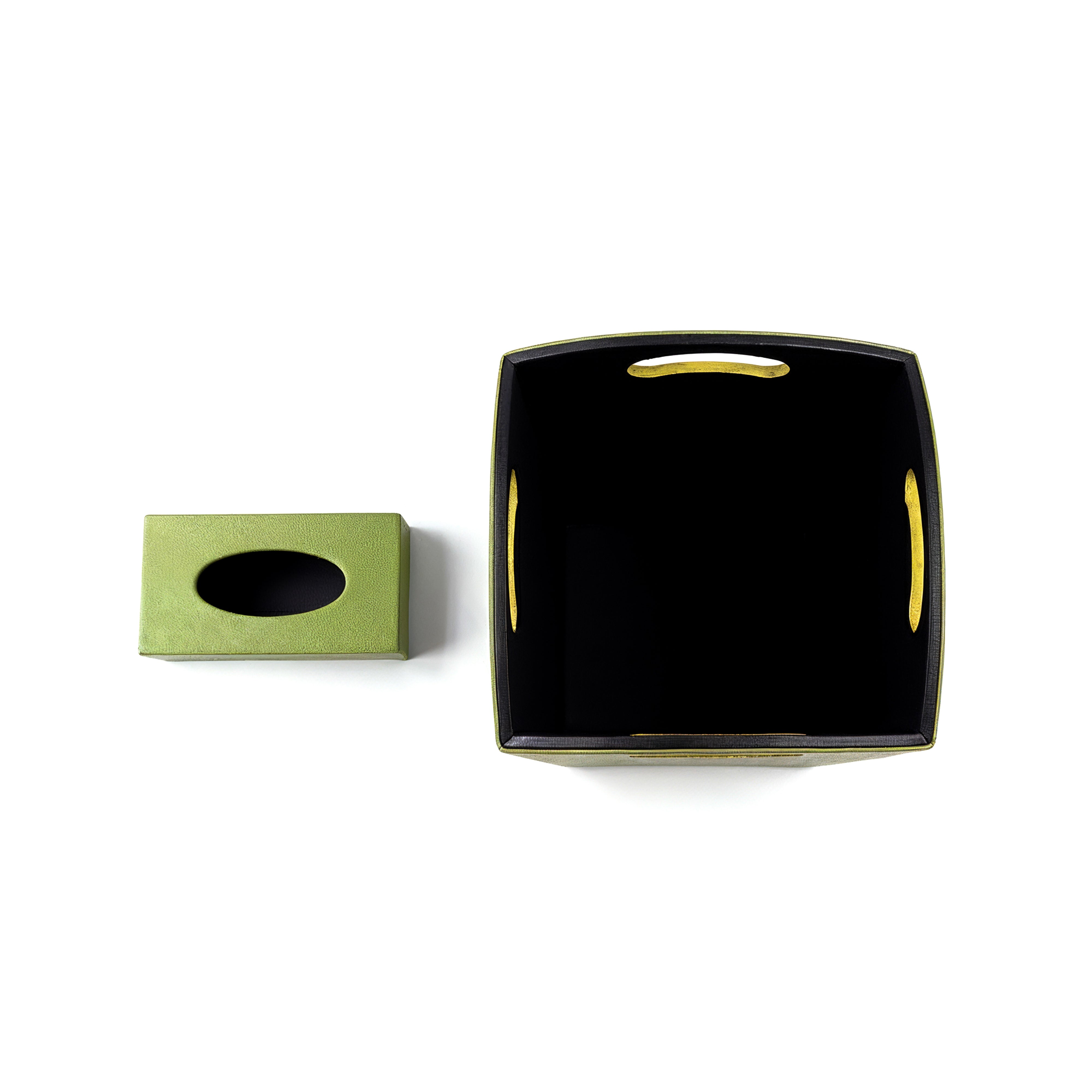 Kurgan Kenani Leather. A Set of Green Leather and Wood Tissue Box & Waste Basket.