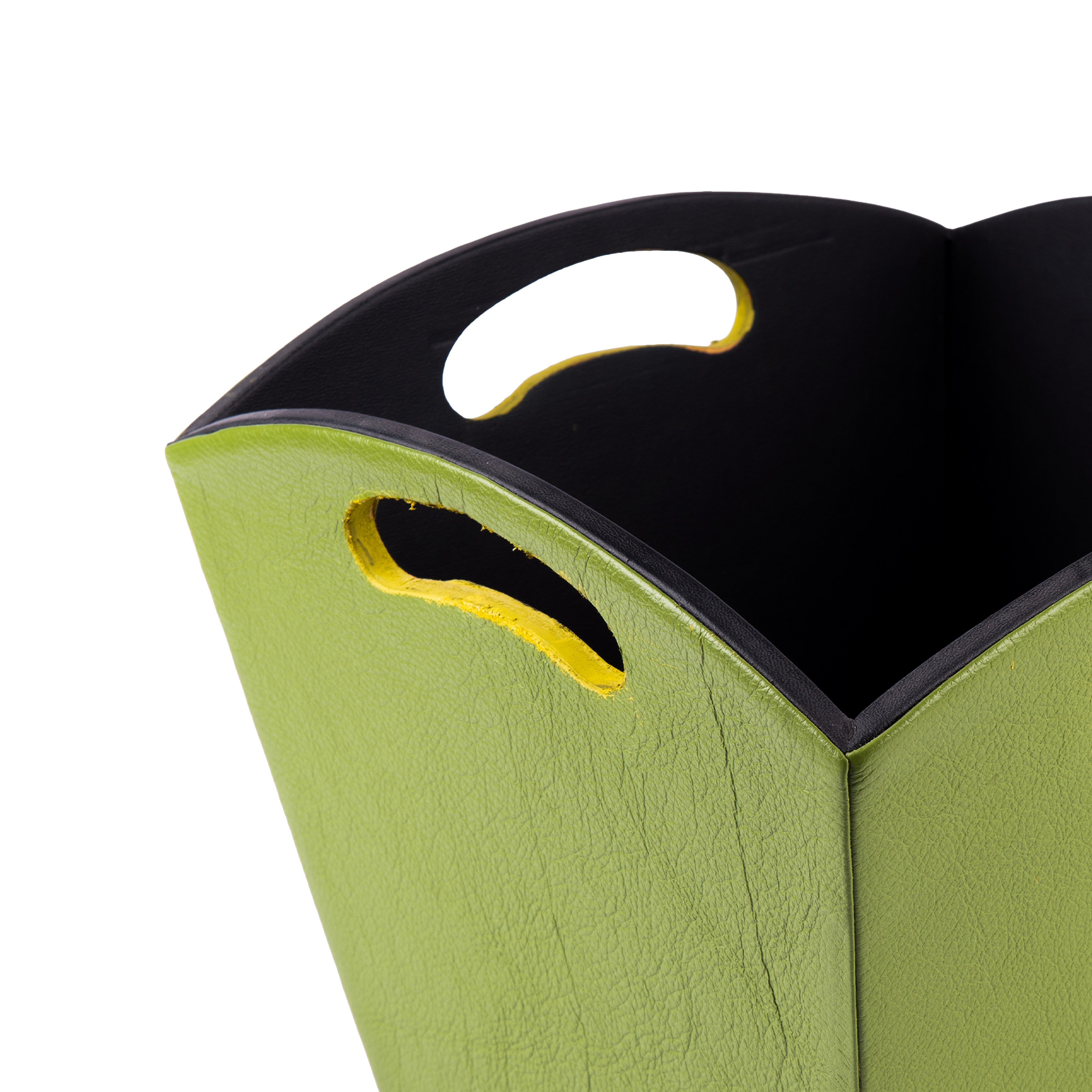 Kurgan Kenani Leather. A Set of Green Leather and Wood Tissue Box & Waste Basket.