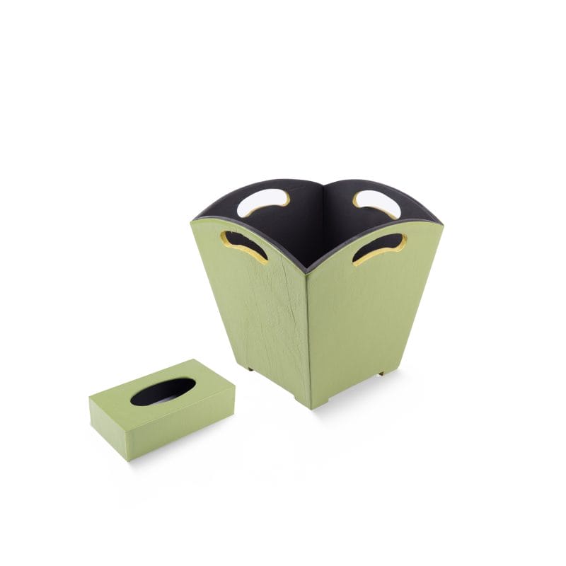 Kurgan Kenani Leather. A Set of Green Leather and Wood Tissue Box & Waste Basket.