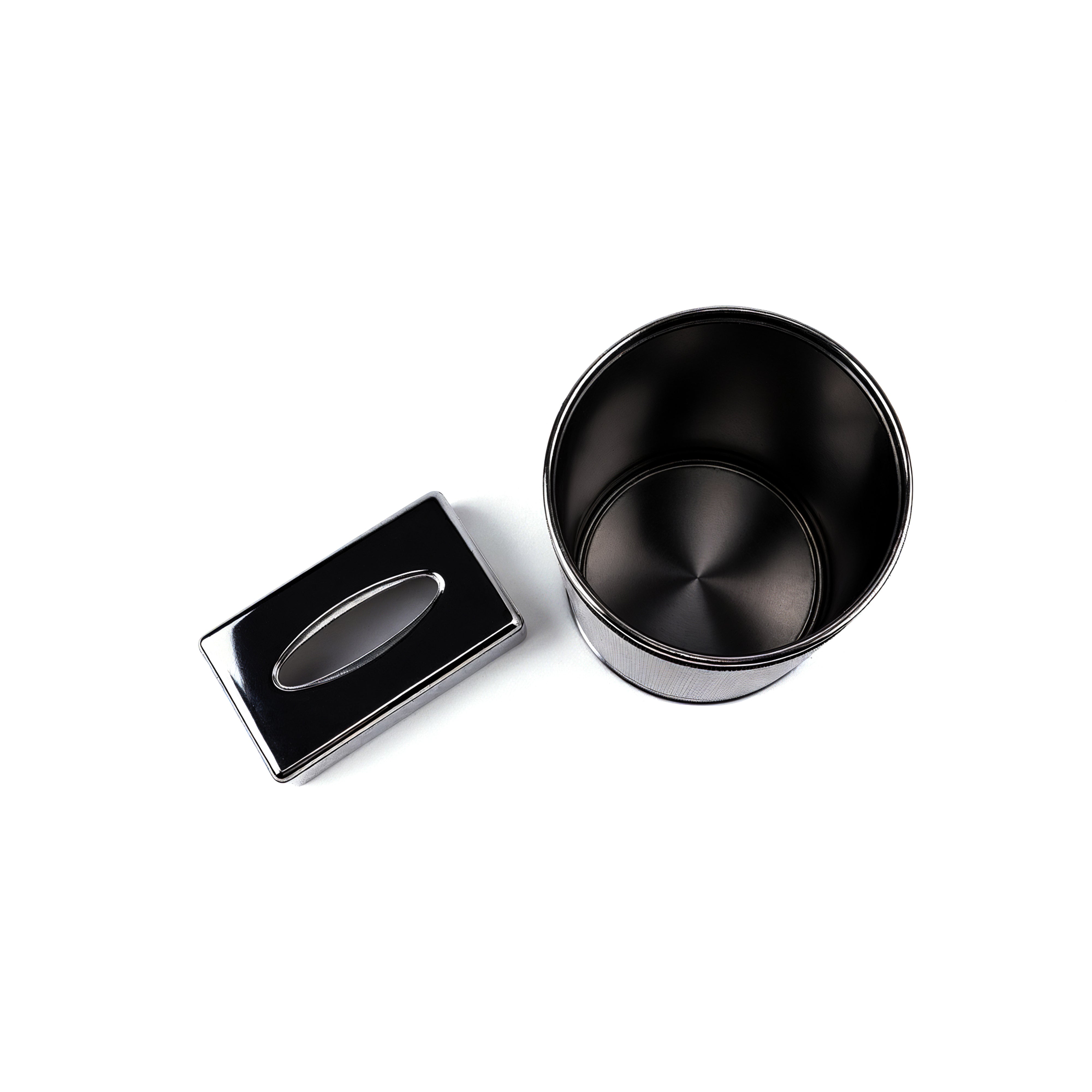 Pinetti. A Set of Grained Silver Leather Waste Basket & Rectangular Tissue Box