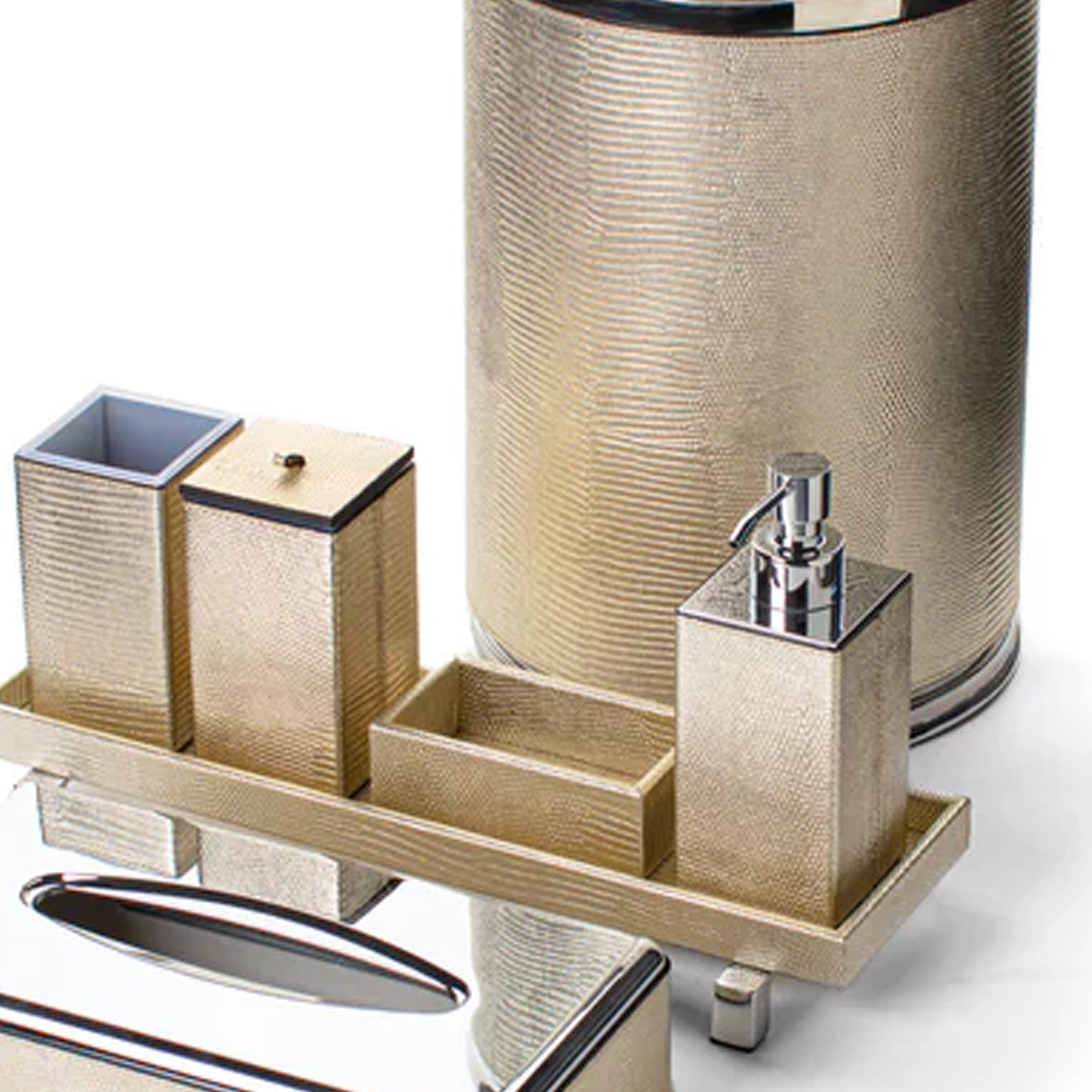 Pinetti. A Set of Grained Gold Leather Waste Basket & Rectangular Tissue Box