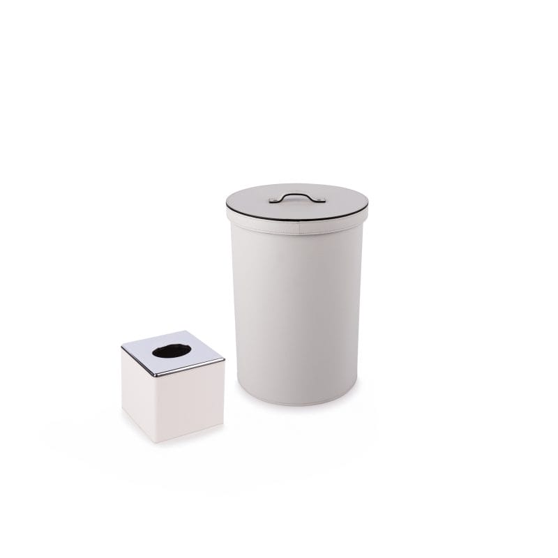 Pinetti. A Set of leather Tissue Box & Round Wastebasket with Lid