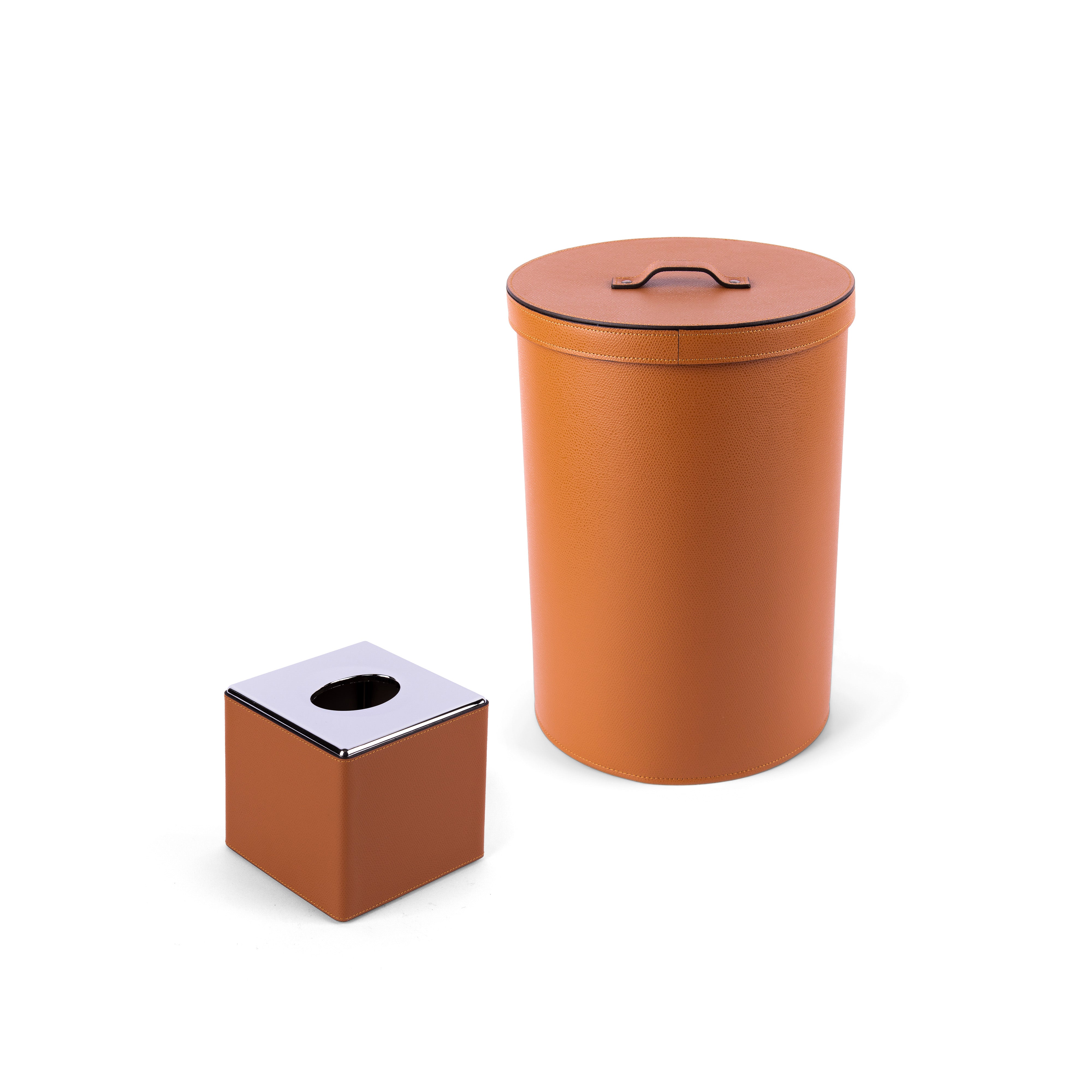 Pinetti. A Set of Brown leather Tissue Box & Round Wastebasket with Lid