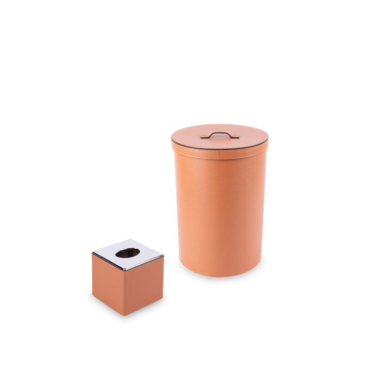 Pinetti. A Set of Brown leather Tissue Box & Round Wastebasket with Lid