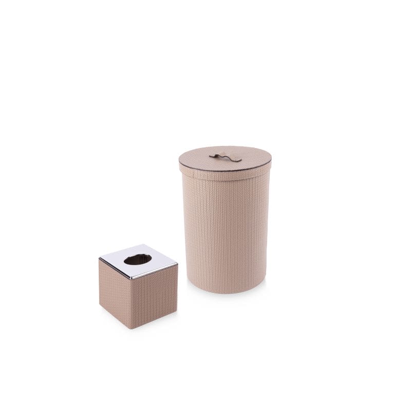 Pinetti. A Set of Woven leather Tissue Box & Round Wastebasket with Lid