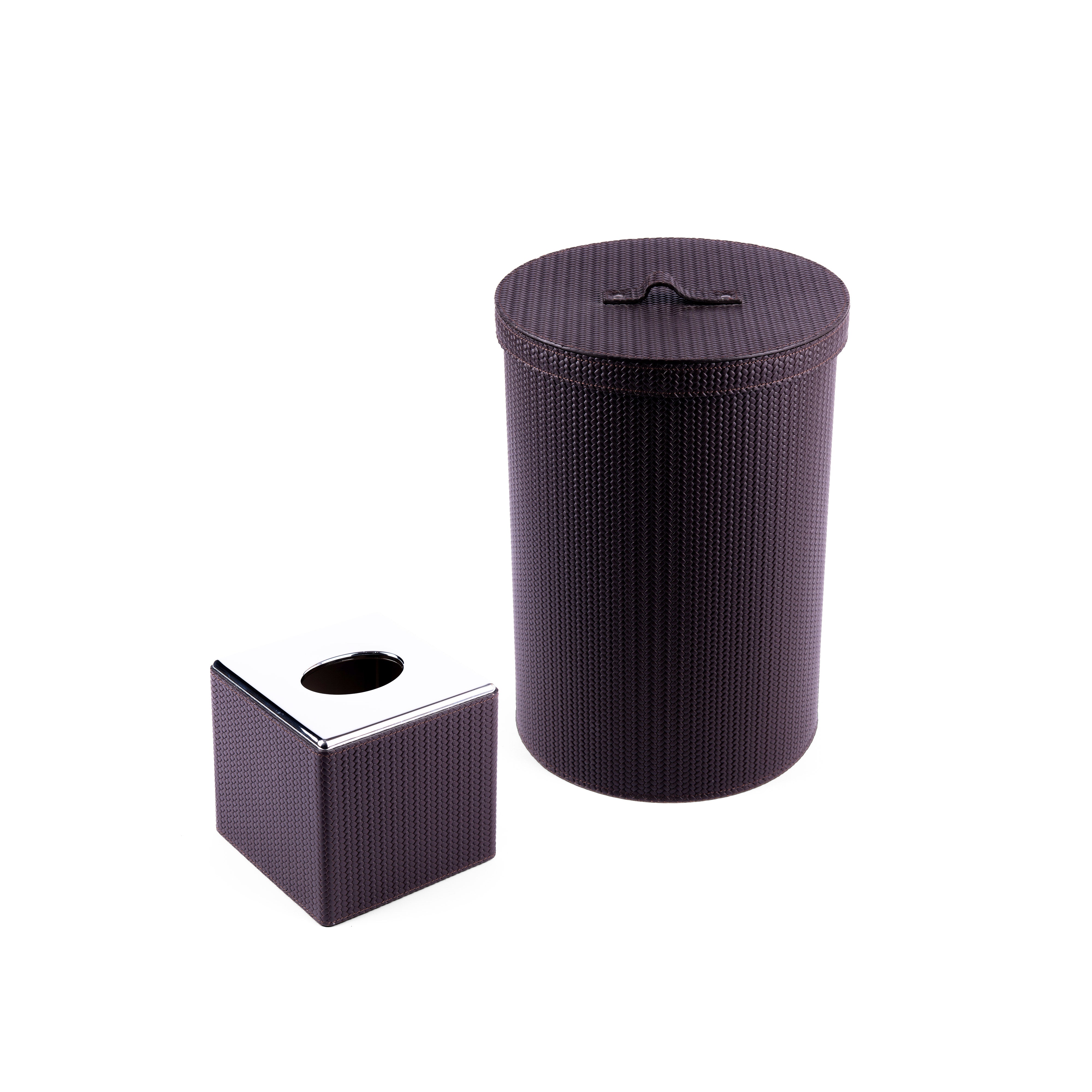 Pinetti. A Set of Dark Brown Woven Leather Tissue Box & Round Wastebasket with Lid