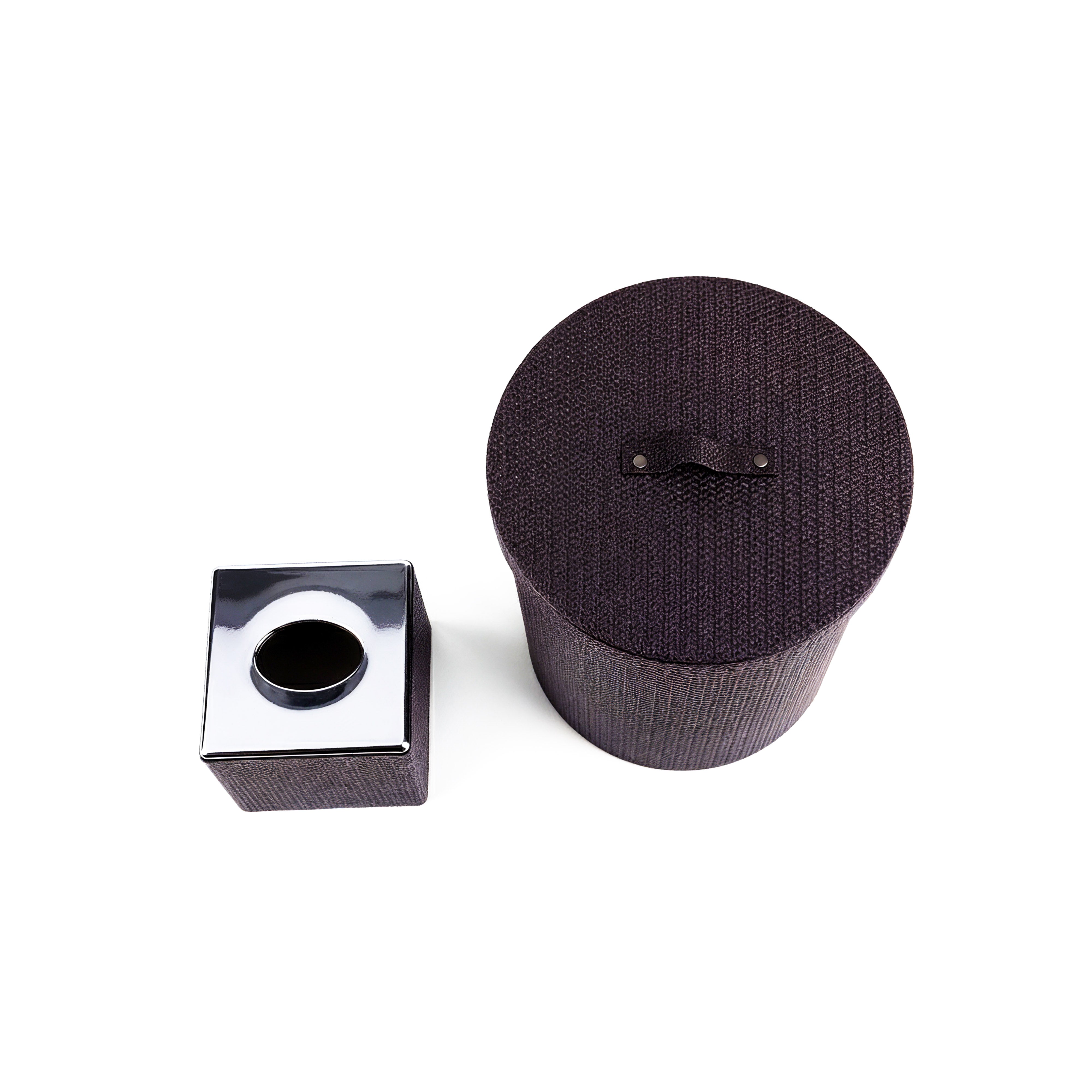 Pinetti. A Set of Dark Brown Woven Leather Tissue Box & Round Wastebasket with Lid