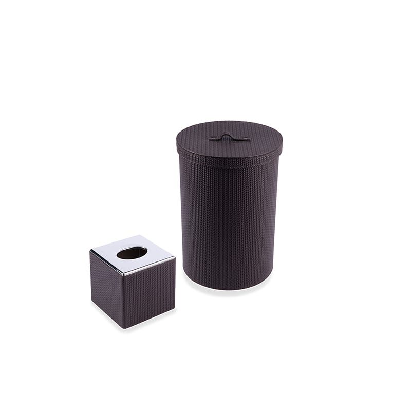 Pinetti. A Set of Dark Brown Woven Leather Tissue Box & Round Wastebasket with Lid