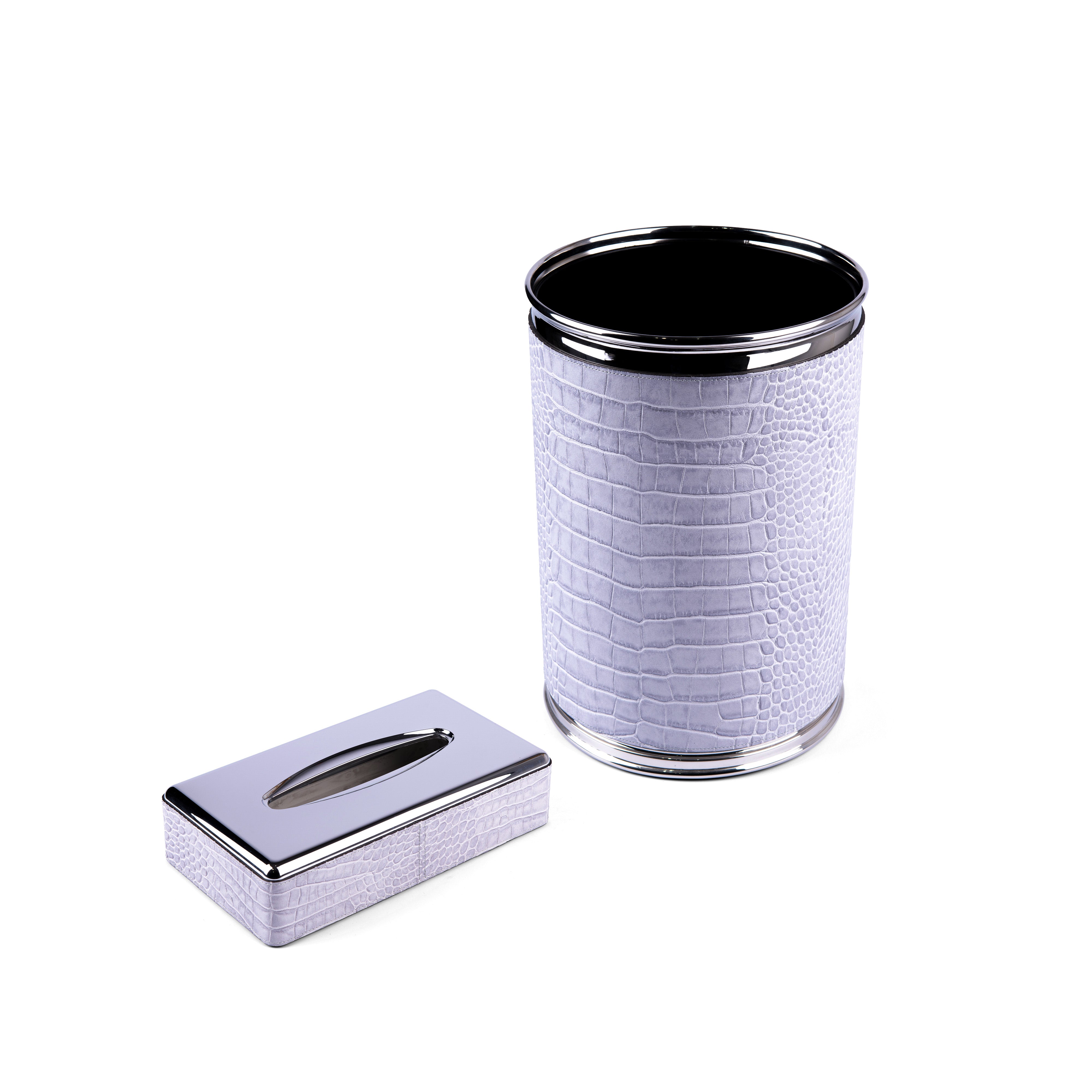 Pinetti. A Set of Grey Leather Waste Basket & Rectangular Tissue Box