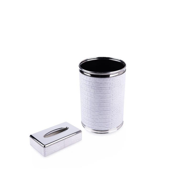 Pinetti. A Set of Grey Leather Waste Basket & Rectangular Tissue Box