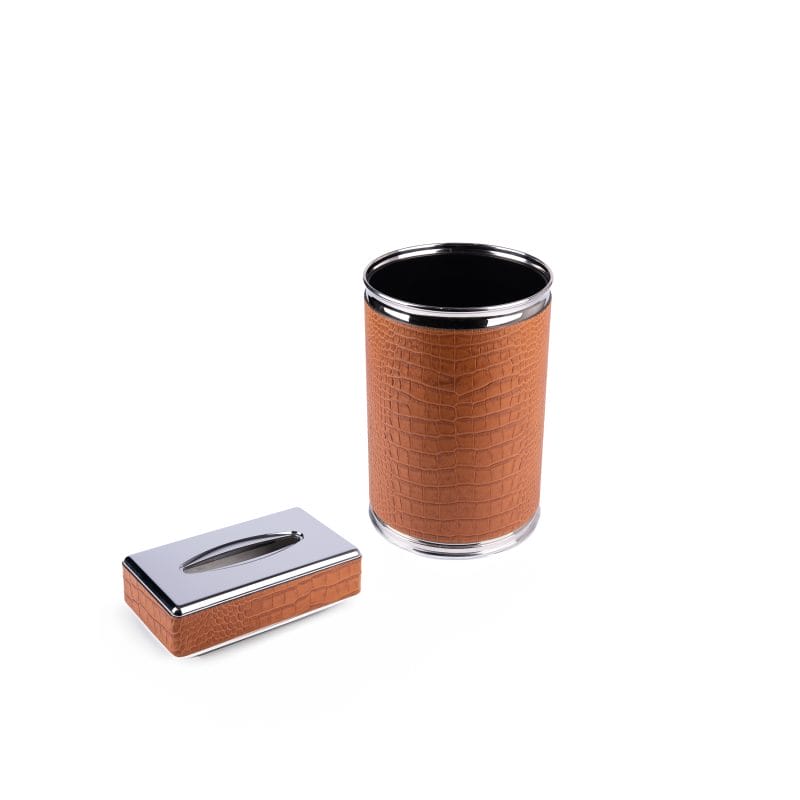 Pinetti. A Set of Brown leather Tissue Box & Round Waste Basket