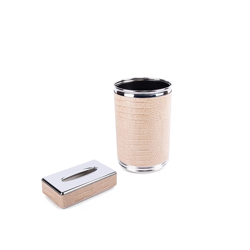 Pinetti. A Set of Tissue Box & Round Waste Basket Made of Leather and Stainless Steel