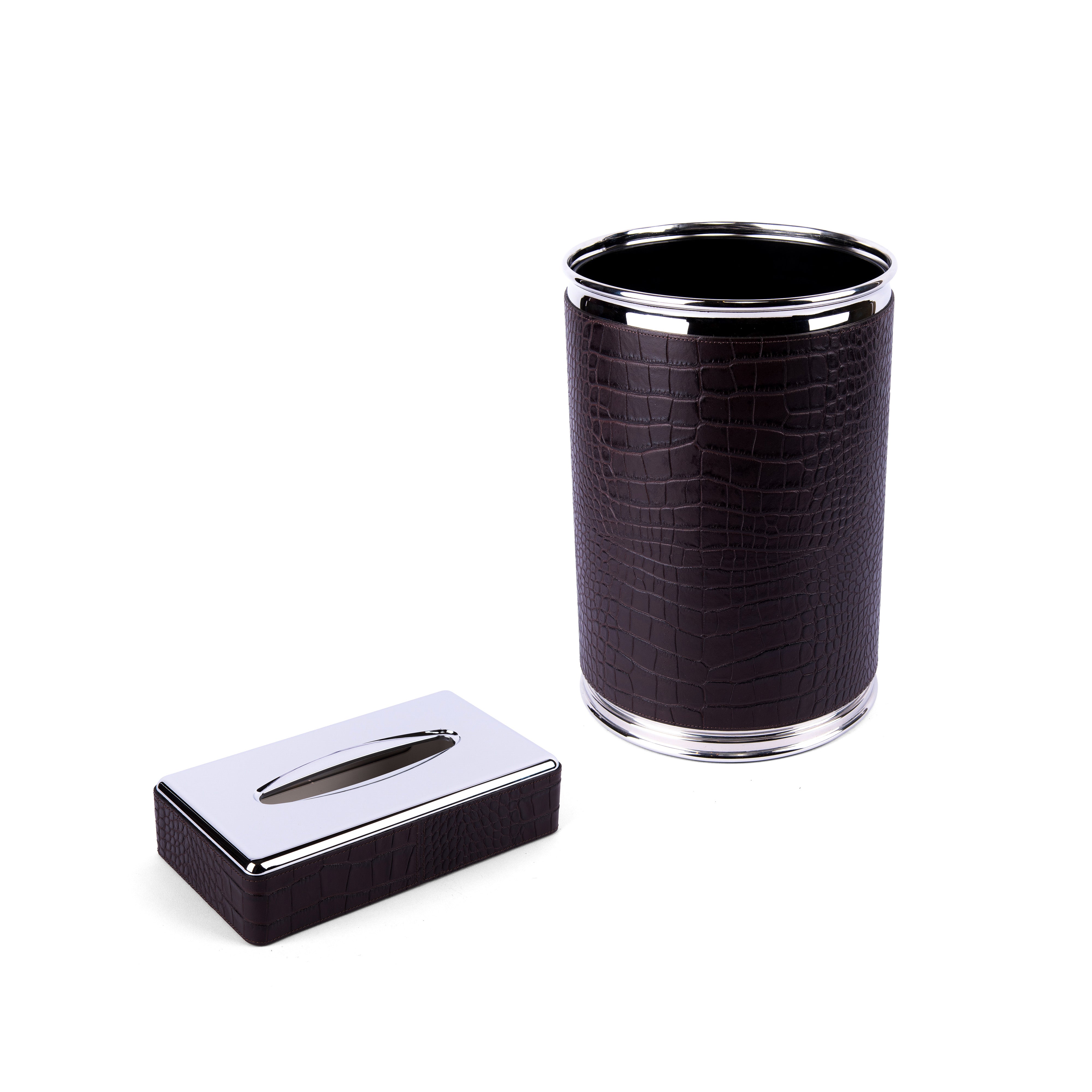 Pinetti. A Set of Patterned Dark Brown Leather Tissue Box & Round Waste Basket