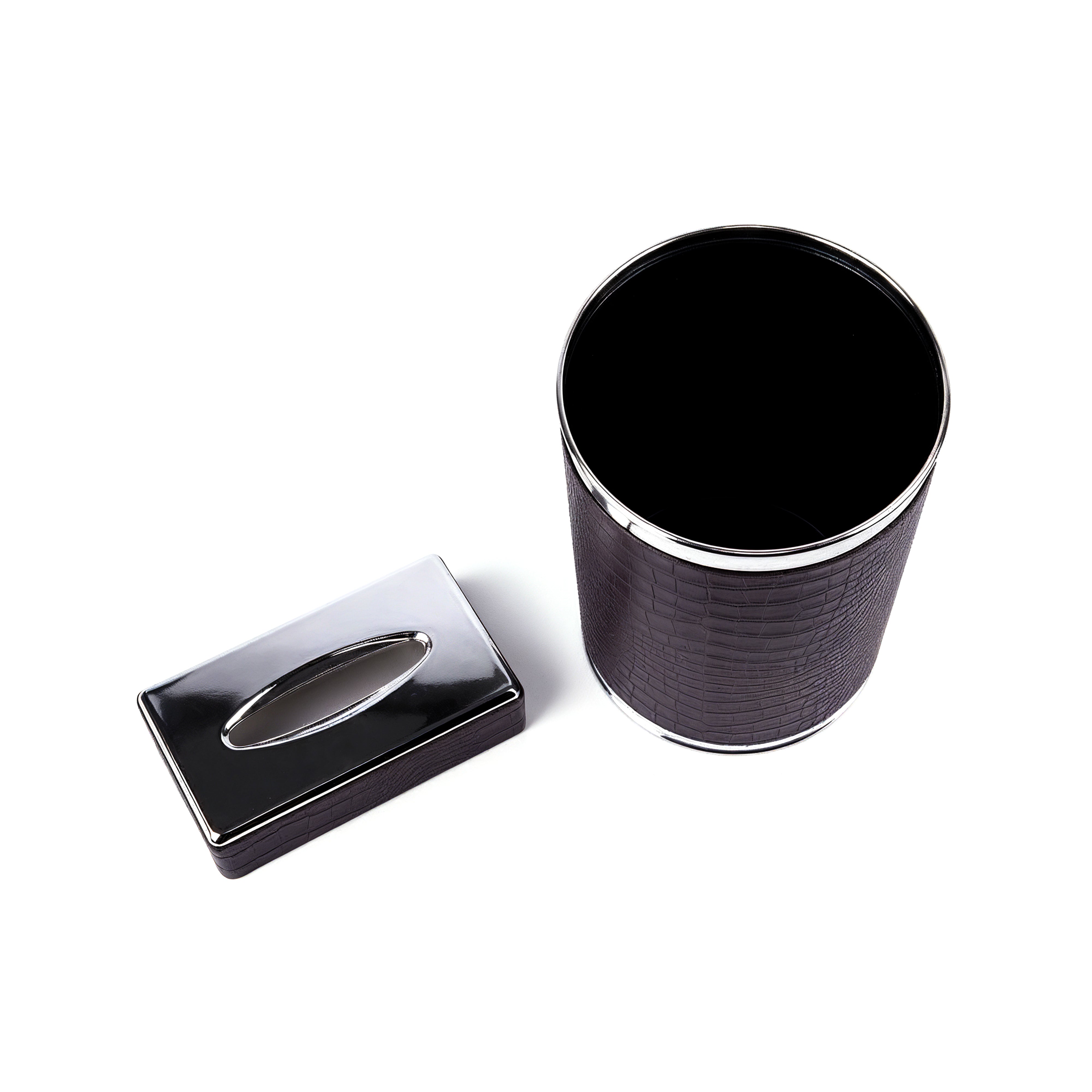 Pinetti. A Set of Patterned Dark Brown Leather Tissue Box & Round Waste Basket