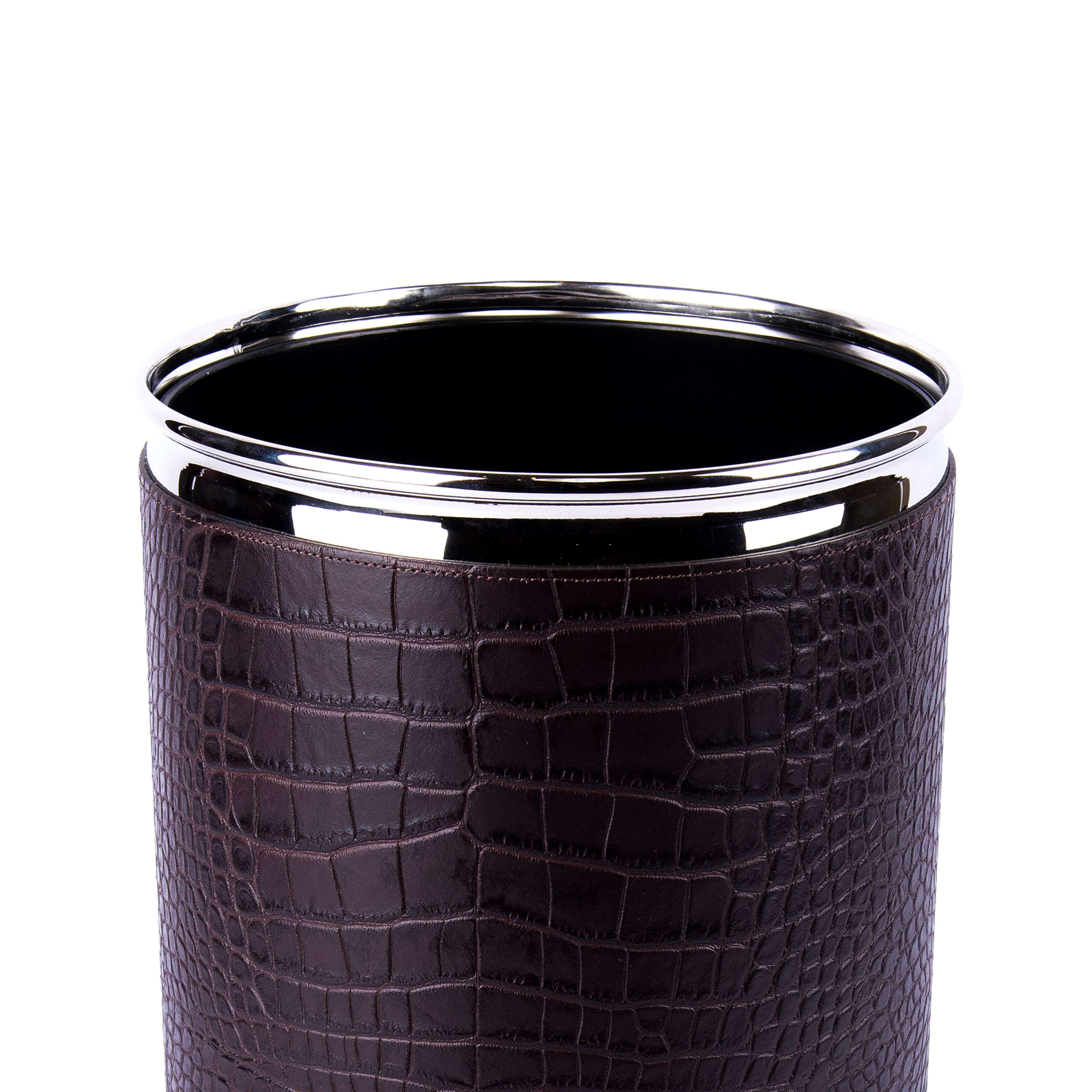 Pinetti. A Set of Patterned Dark Brown Leather Tissue Box & Round Waste Basket