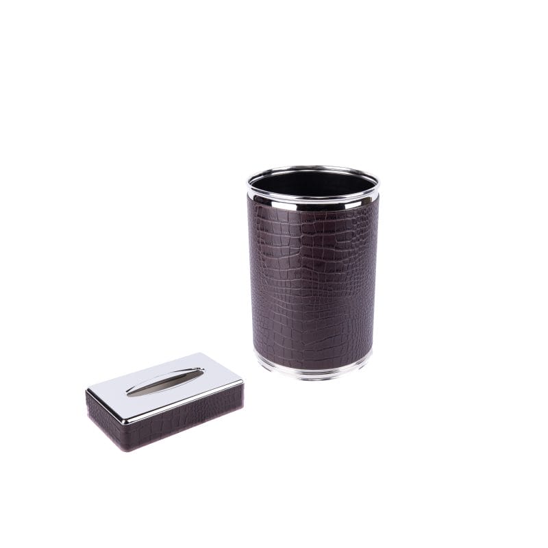 Pinetti. A Set of Patterned Dark Brown Leather Tissue Box & Round Waste Basket
