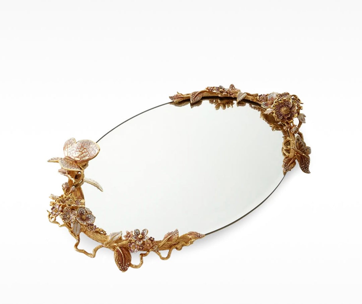 Jay Strongwater. Gilded Tray With Floral Handles Studded with Swarovski