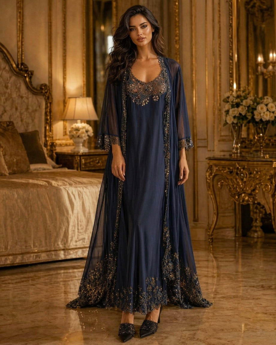 Navy Embellished Nightgown and Robe Set