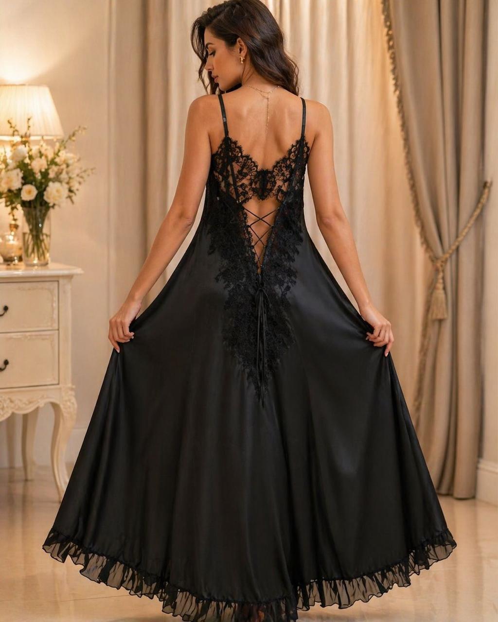 Black Lace-Back Ruffle-Trim Nightgown