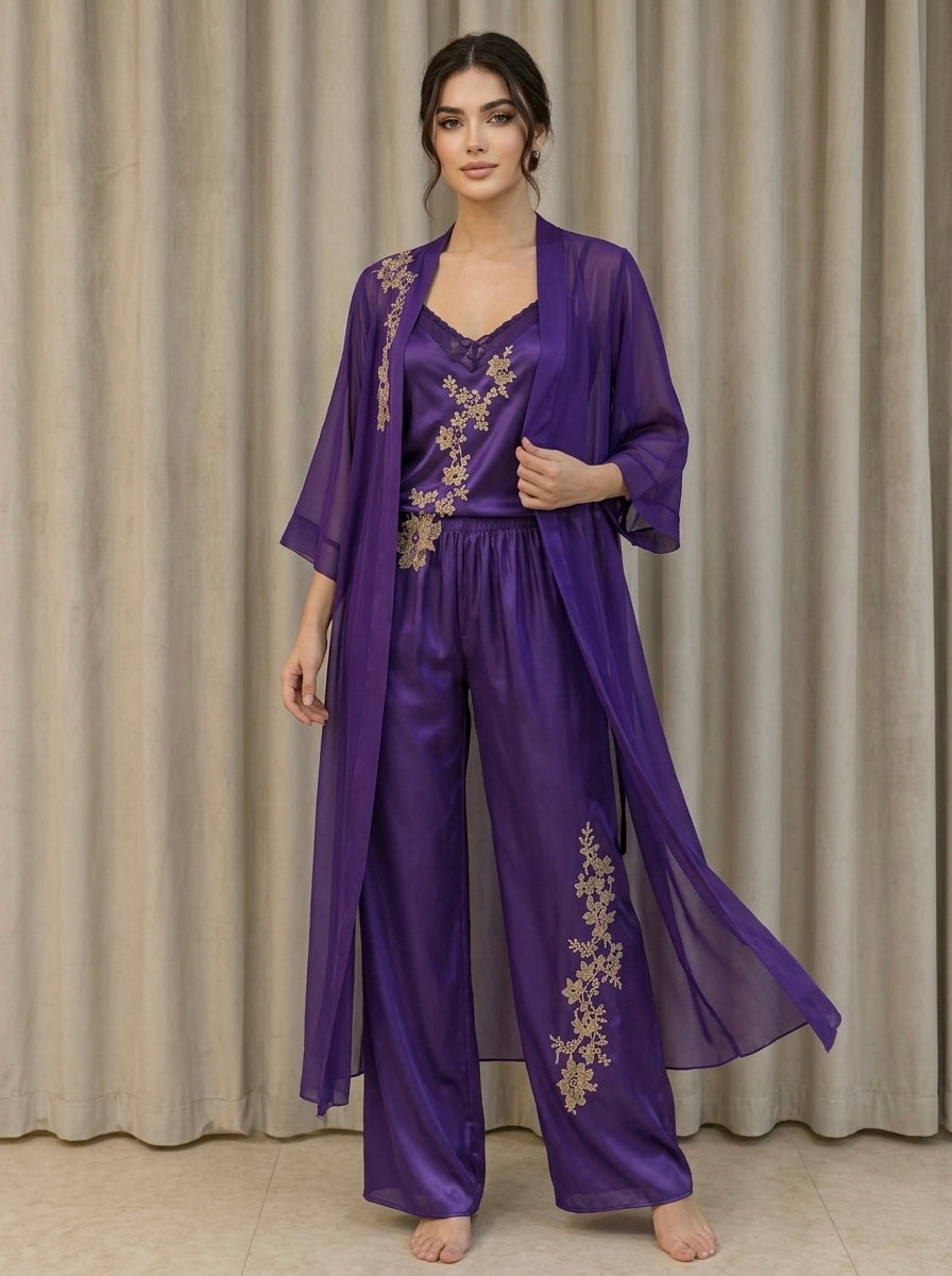Purple Gold-Embroidered Pajama and Robe Set
