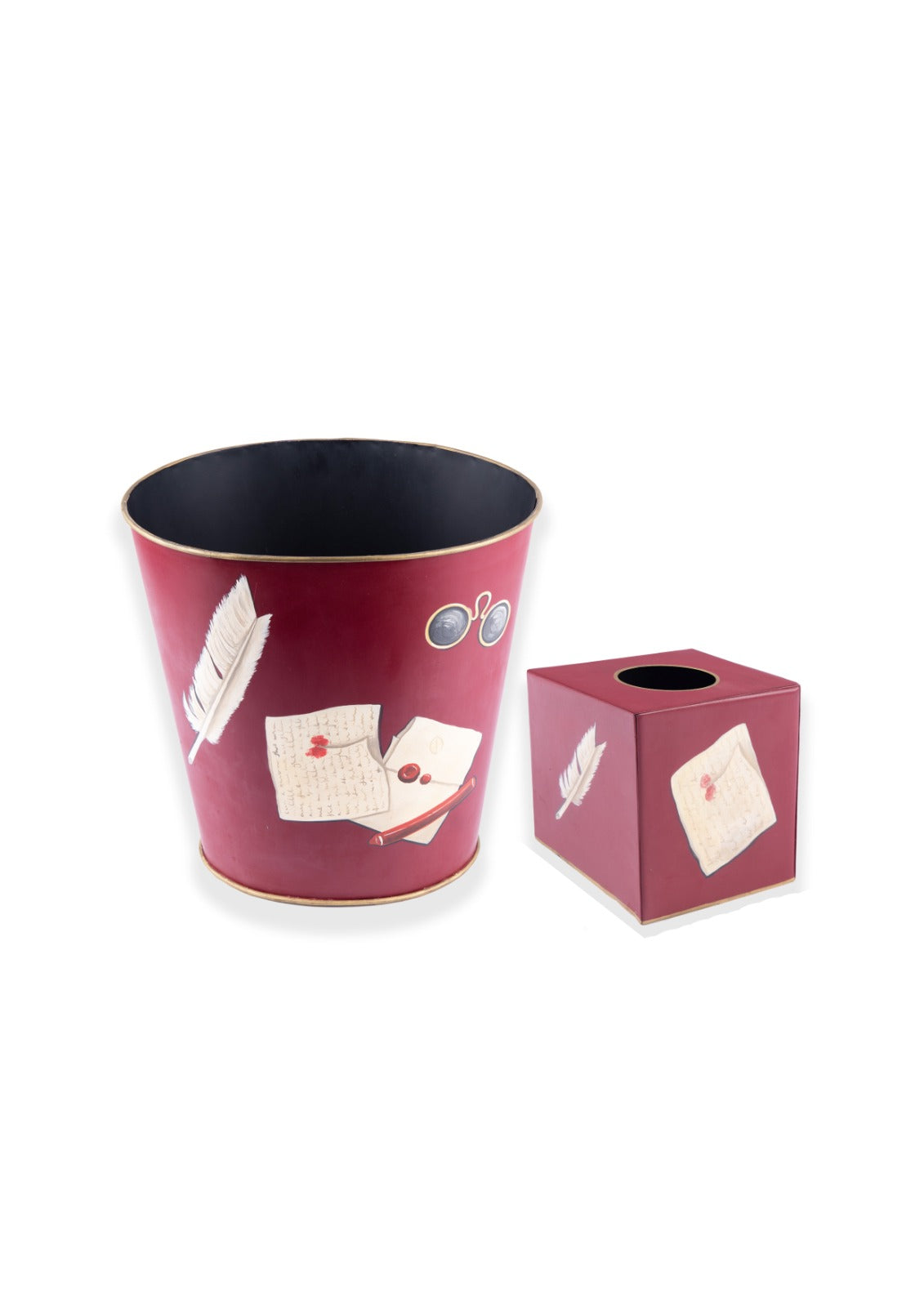 Hugo Russell & Company. A Set of Tissue Box & Wastebasket Featuring Vintage Office Accessories.