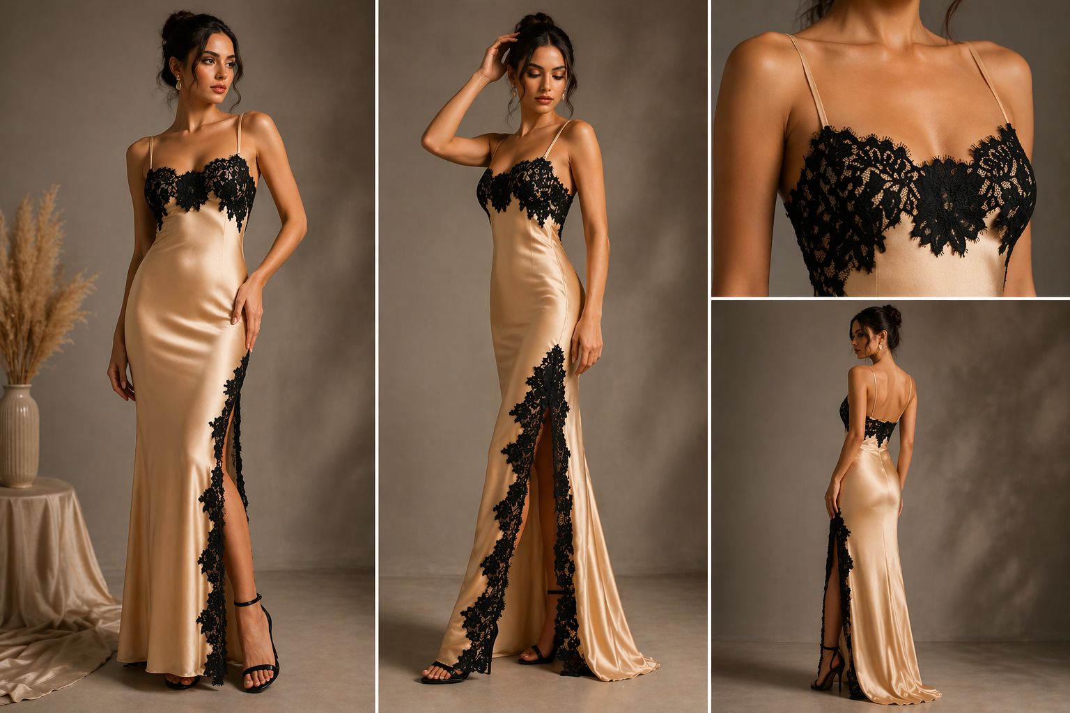 Champagne Black-Lace Nightgown Set