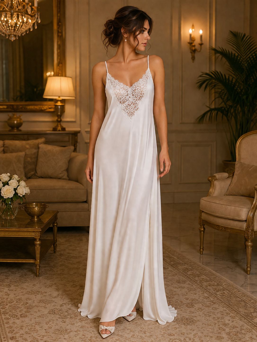 White Lace-Panel Nightgown and Robe Set