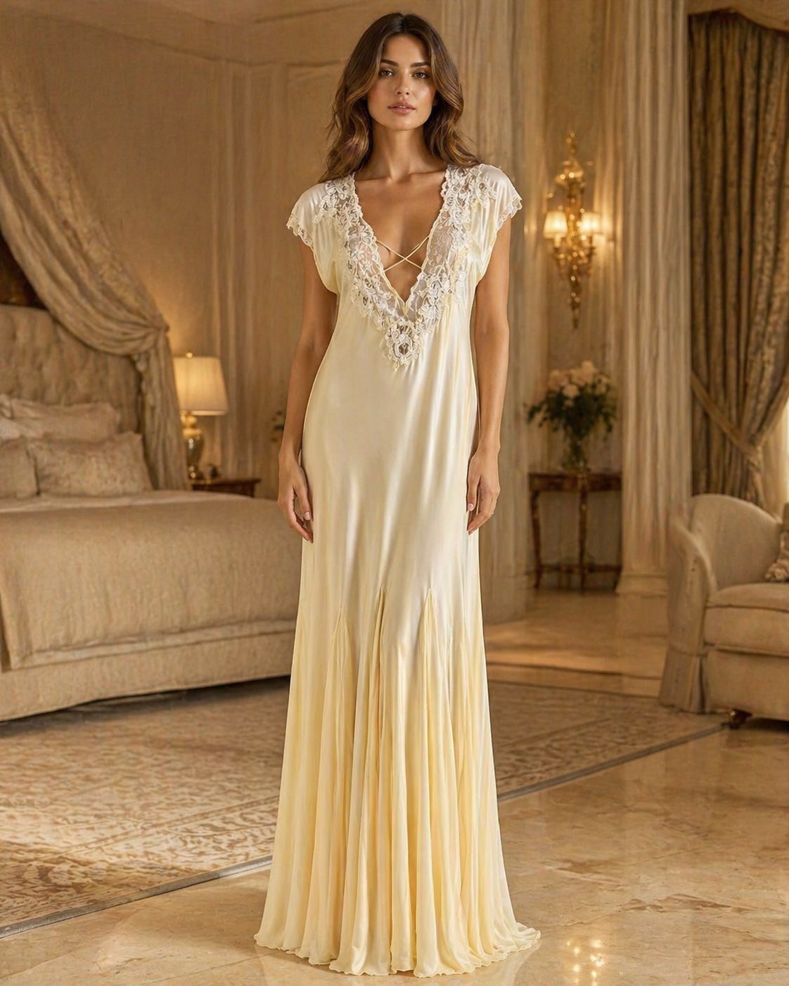 Ivory Ruffled-Lace Nightgown Set