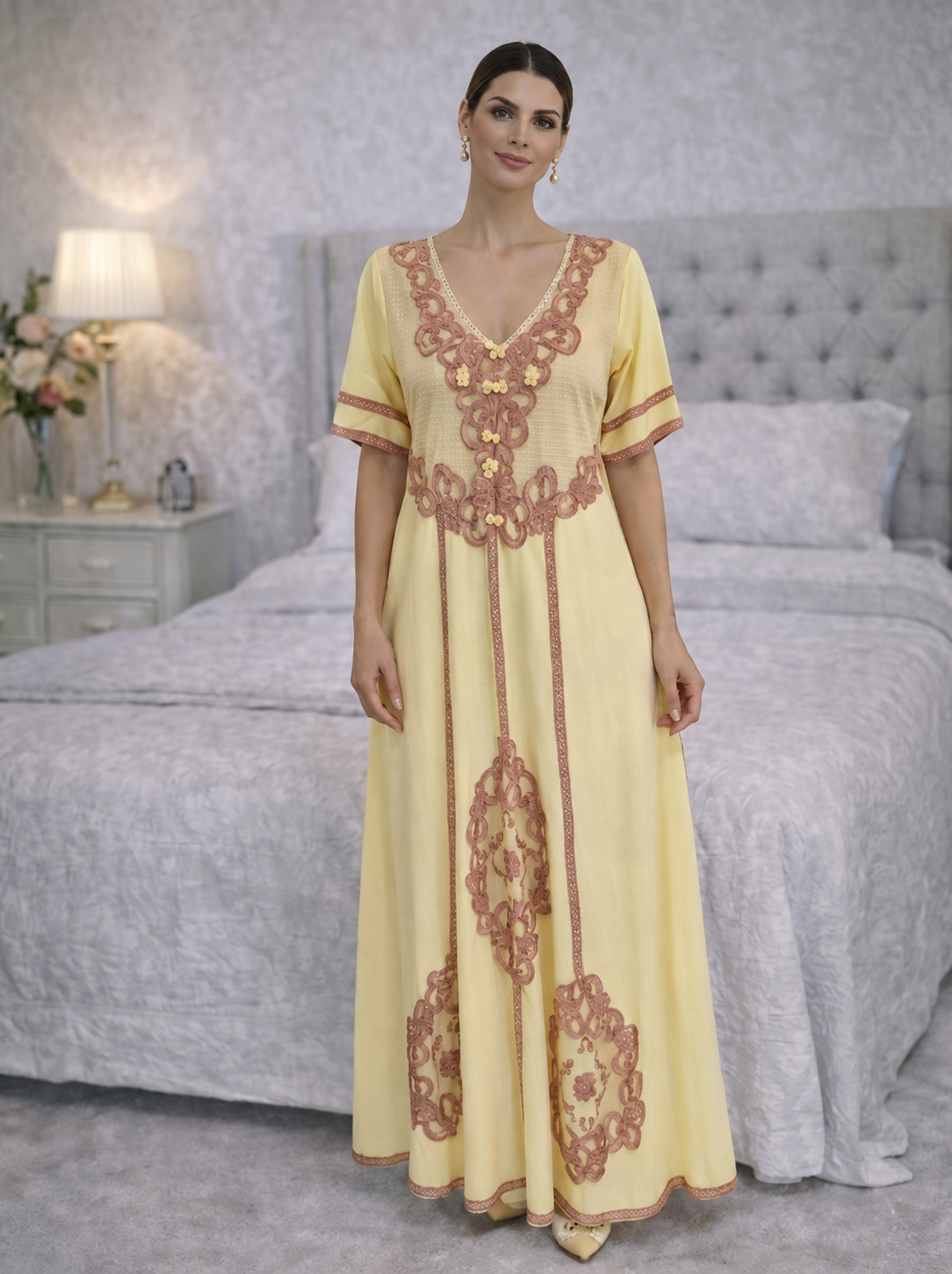 Yellow Nightgown with Rose Embroidery